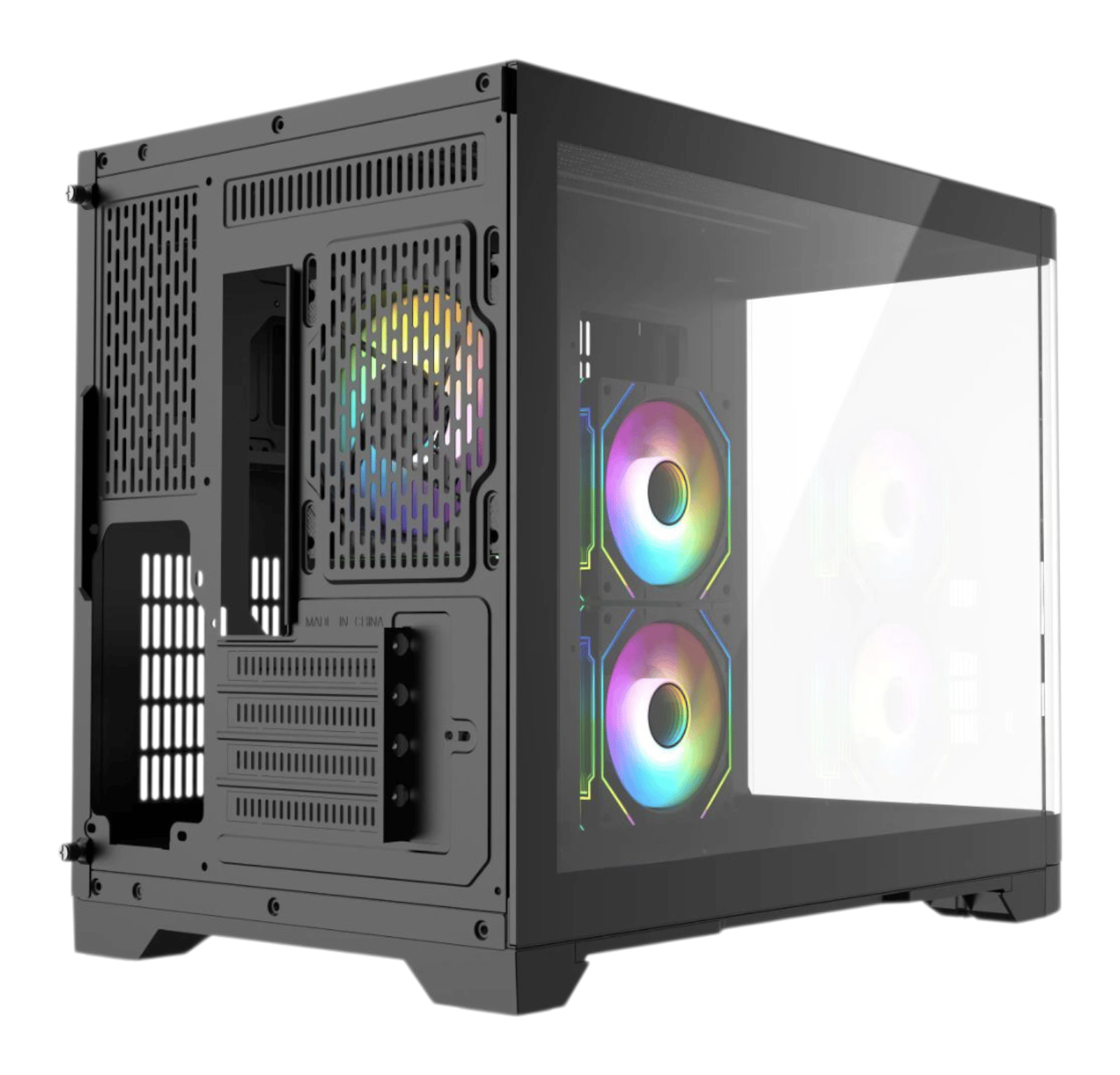 Sleek Black MATX Gaming PC Case – Curved Tempered Glass | Includes 6-Port Hub | High Airflow