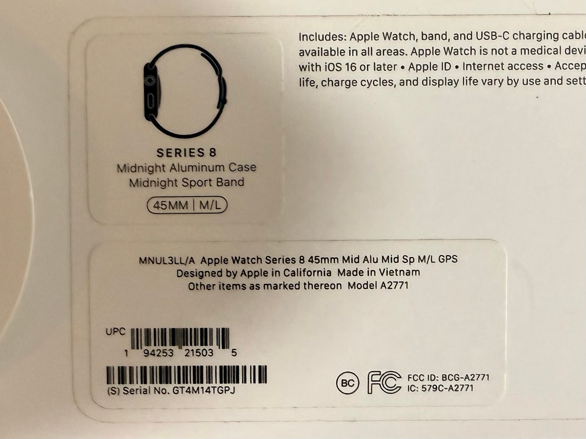 Apple Watch Series 8, 45mm Midnight Aluminum Case with Midnight Sport Band (M/L). Model A2771, GPS