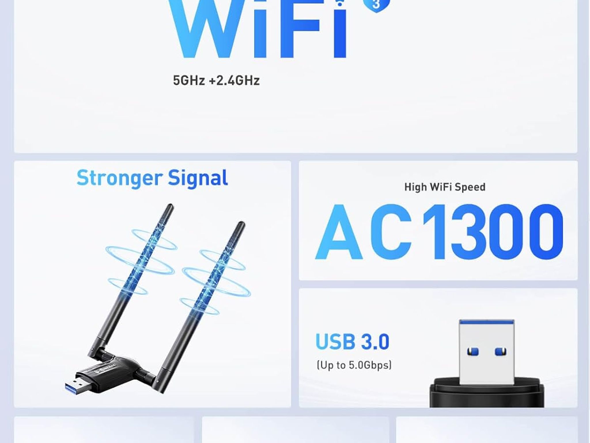 USB WiFi Adapter Desktop PC 1300Mbps Wi-Fi 5G 2.4G USB 3.0 Wireless Adapter with WiFi Antenna 2pk