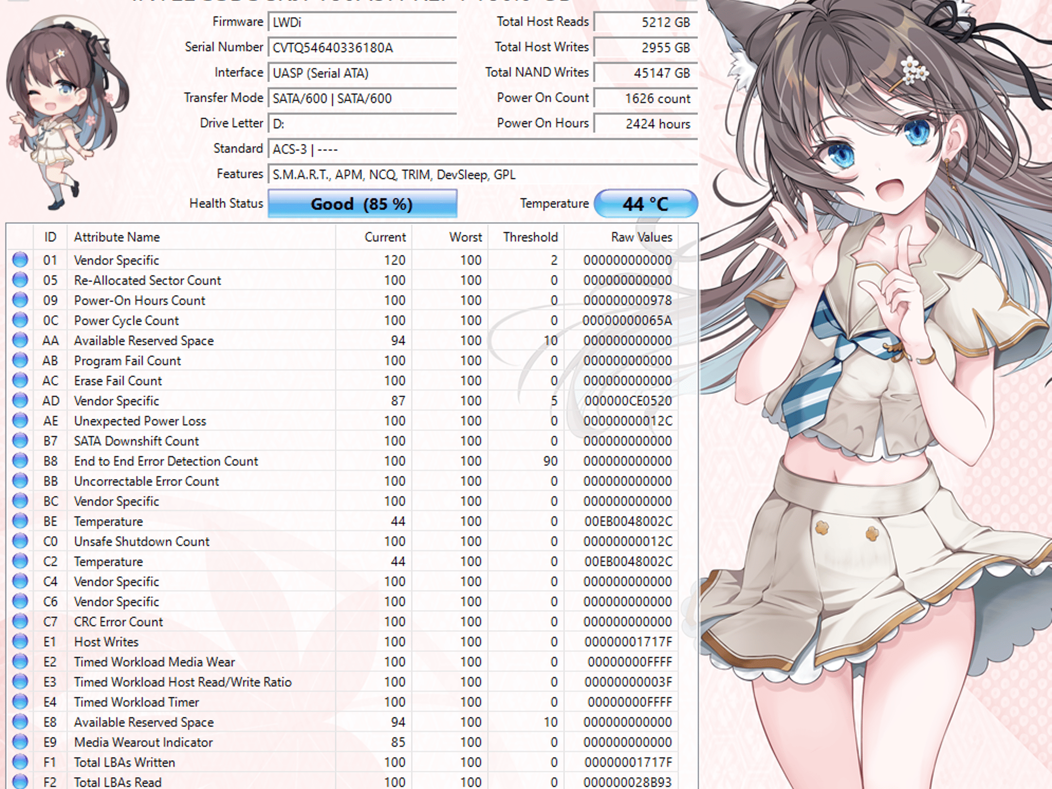 Intel 180GB SATA SSD Tested Working 85% Health