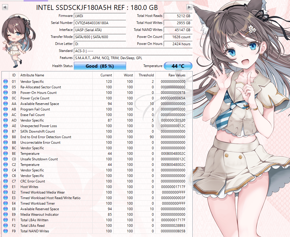 Intel 180GB SATA SSD Tested Working 85% Health