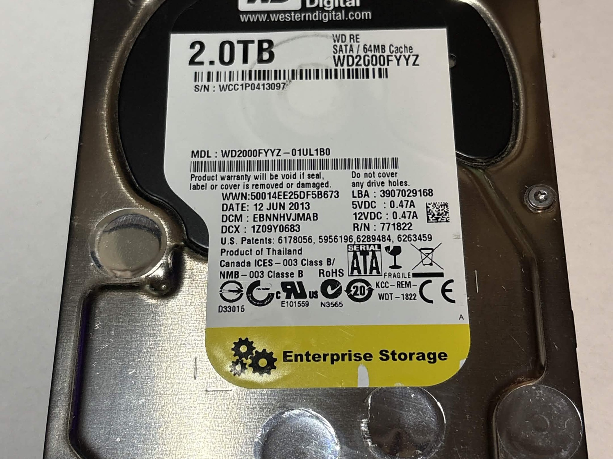 WD RE 2TB Enterprise HDD WD2000FYYZ 7200RPM SATA – 40,790 Hours – Good SMART