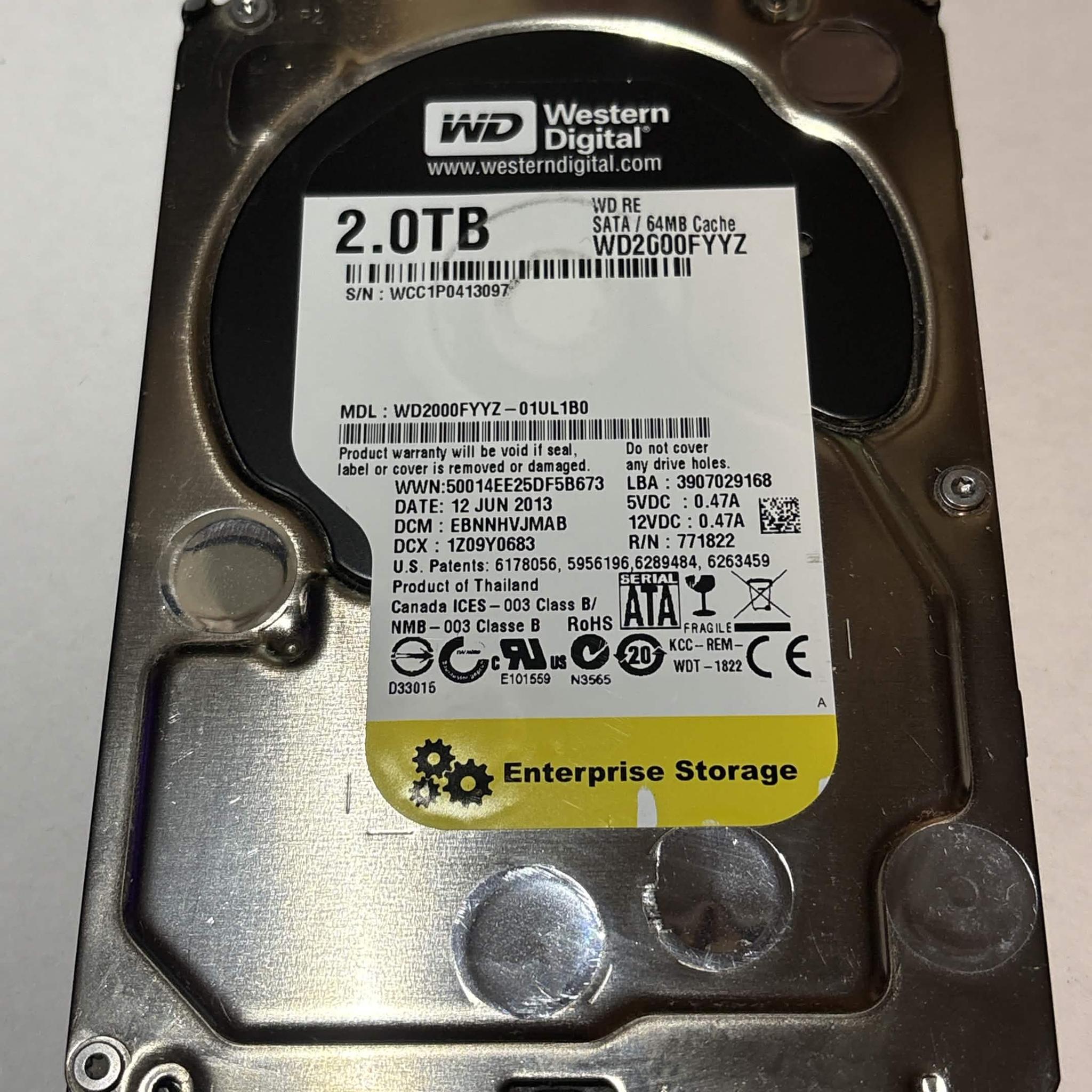 WD RE 2TB Enterprise HDD WD2000FYYZ 7200RPM SATA – 40,790 Hours – Good SMART