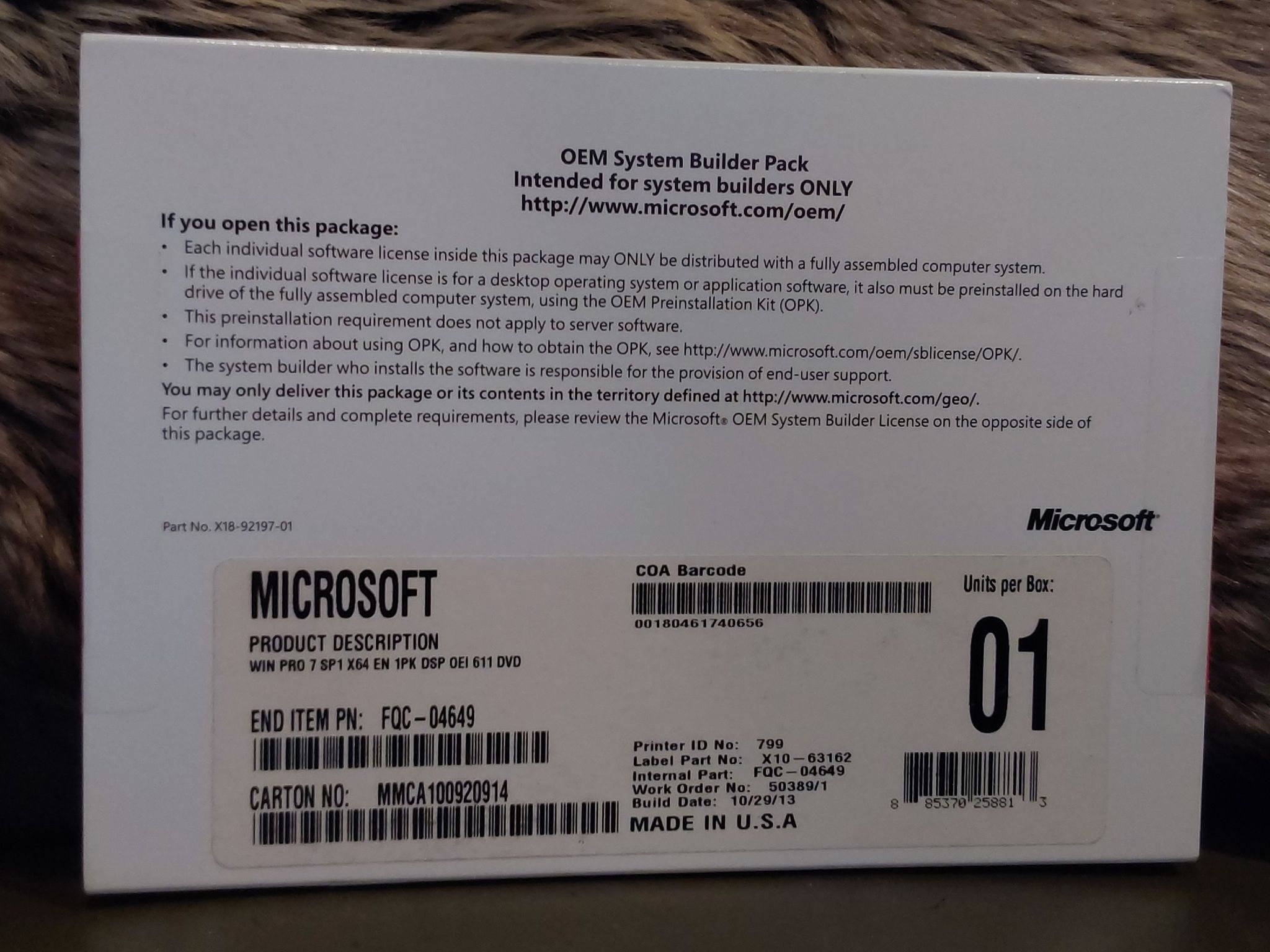 NEW & UNUSED WINDOWS 7 PRO SP2 x64 OEM/SYSTEM BUILDER PACK INSTALL DVD & VALID LICENSE for 1 PC