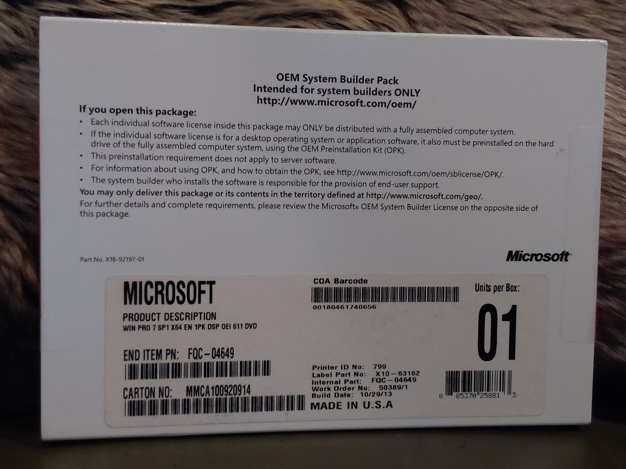 NEW & UNUSED WINDOWS 7 PRO SP2 x64 OEM/SYSTEM BUILDER PACK INSTALL DVD & VALID LICENSE for 1 PC