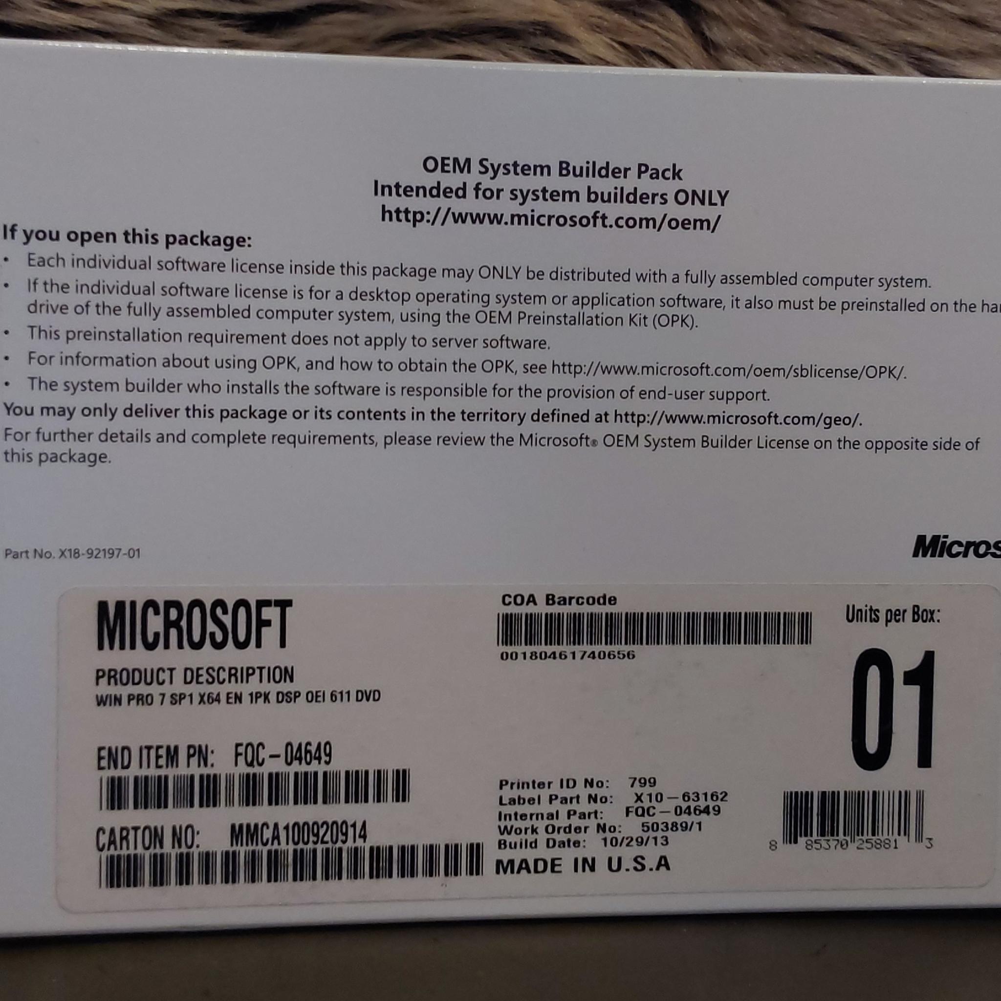 NEW & UNUSED WINDOWS 7 PRO SP2 x64 OEM/SYSTEM BUILDER PACK INSTALL DVD & VALID LICENSE for 1 PC