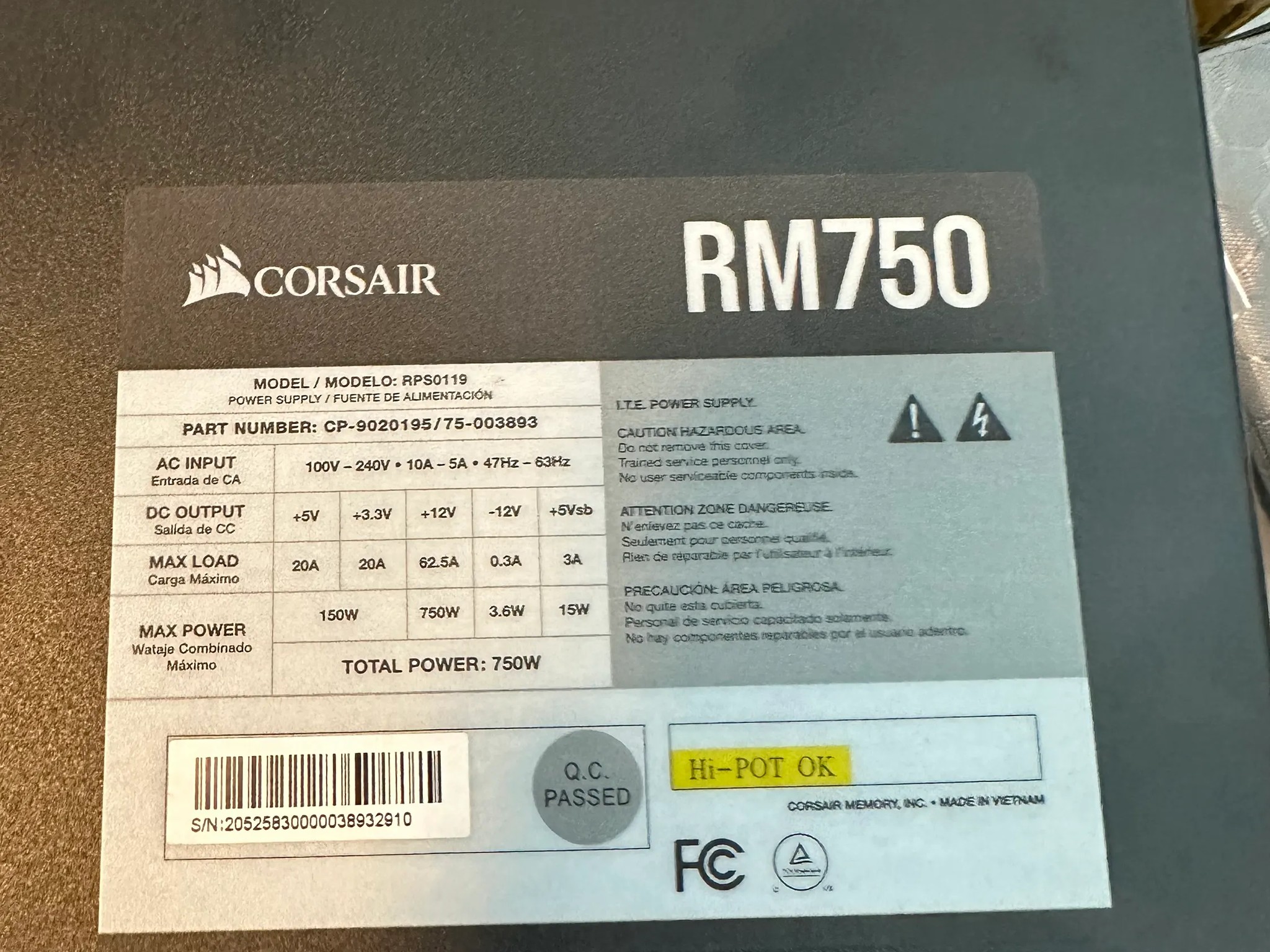 Used Corsair RM Series, RM750, 750 Watt, 80+ Gold Certified, Fully Modular Power Supply