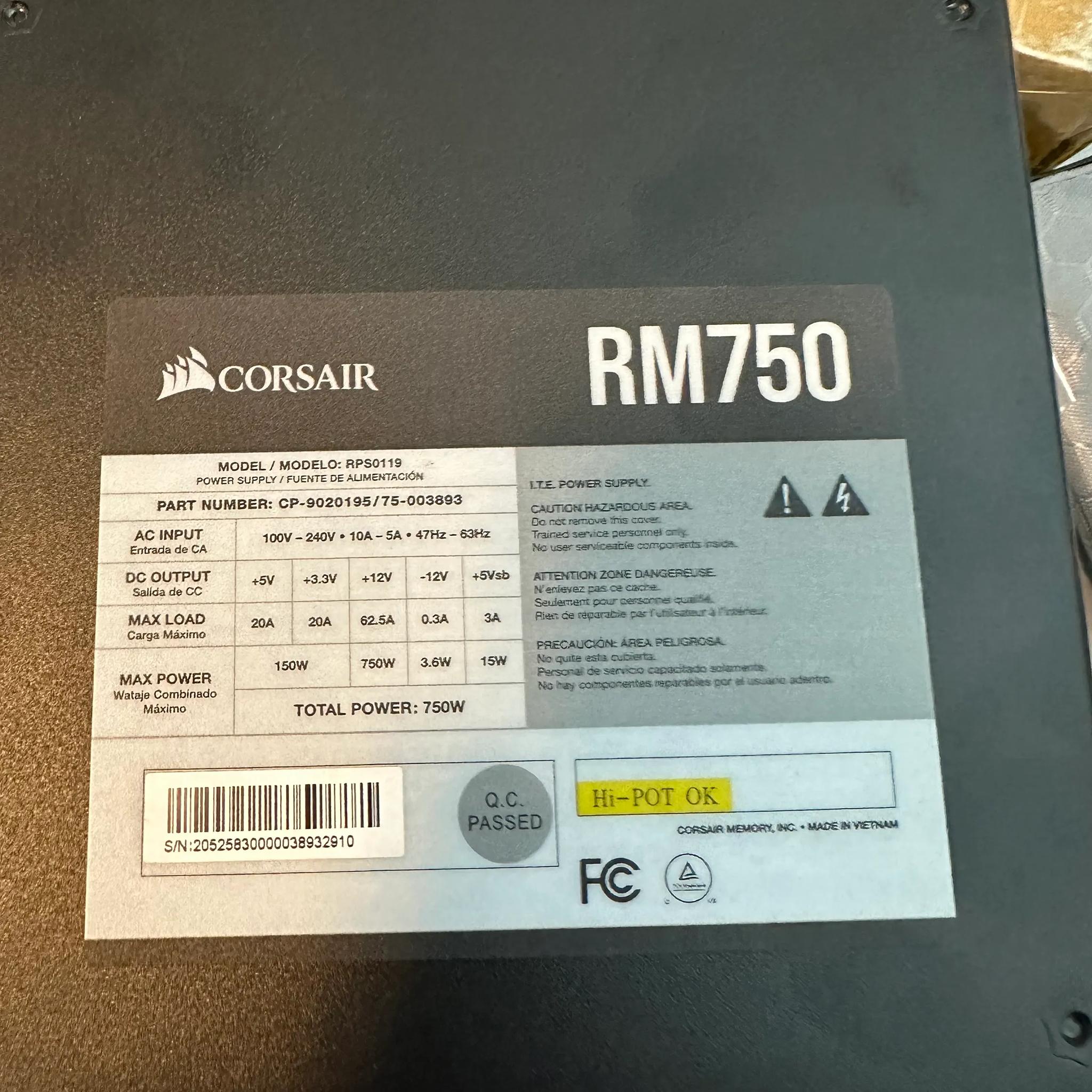 Used Corsair RM Series, RM750, 750 Watt, 80+ Gold Certified, Fully Modular Power Supply