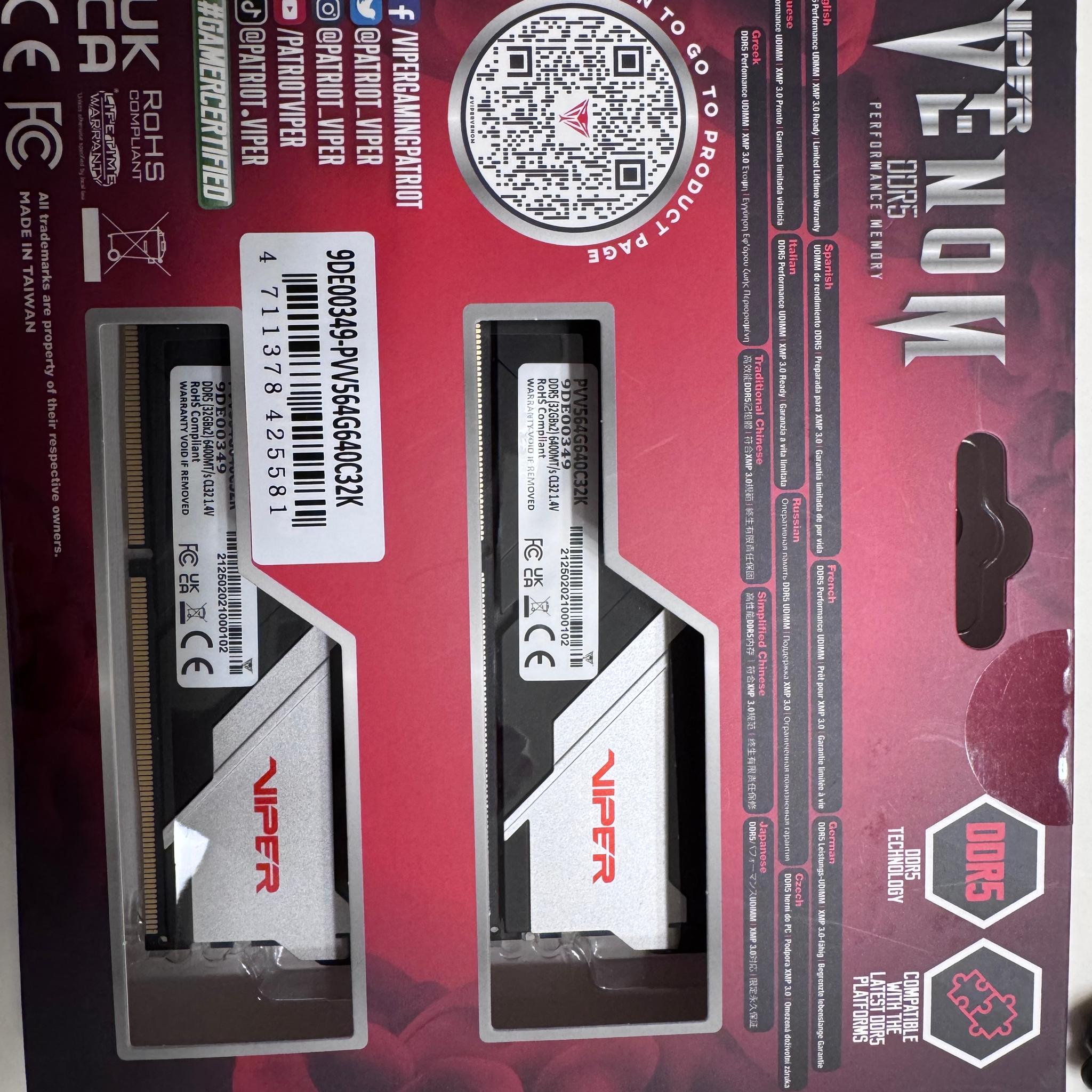 Patriot Viper Venom 64GB (2x32GB) DDR5-6400 PC5-51200 CL32 UDIMM XMP