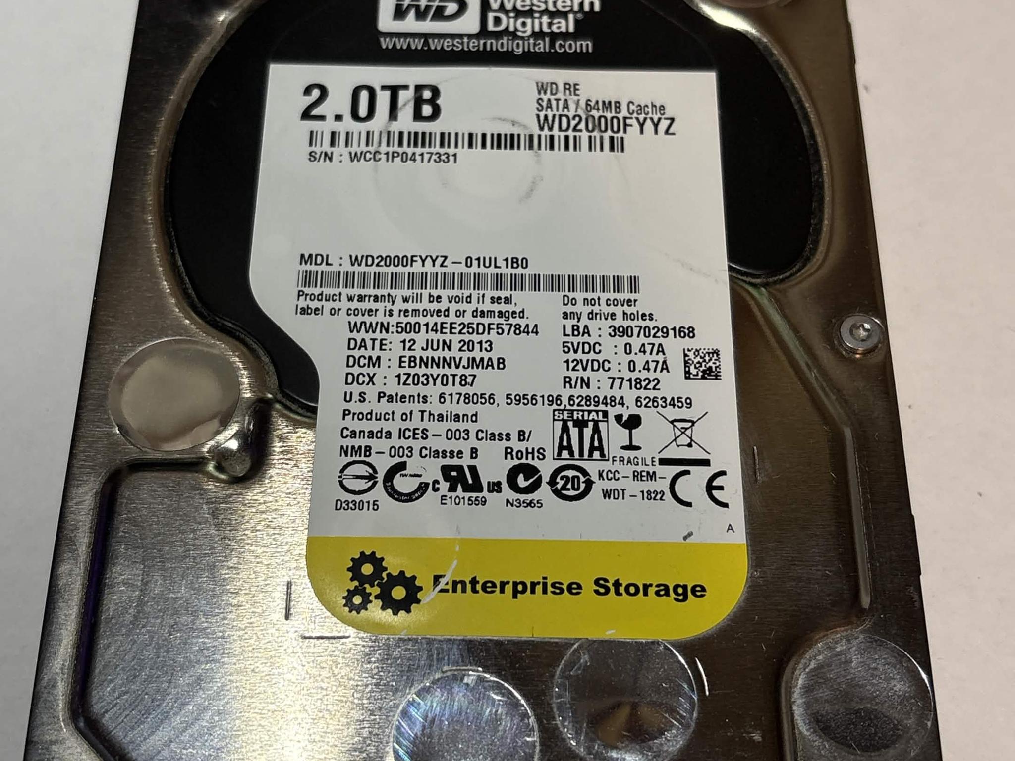 WD RE 2TB Enterprise HDD WD2000FYYZ 7200RPM SATA – 40,790 Hours – Good SMART