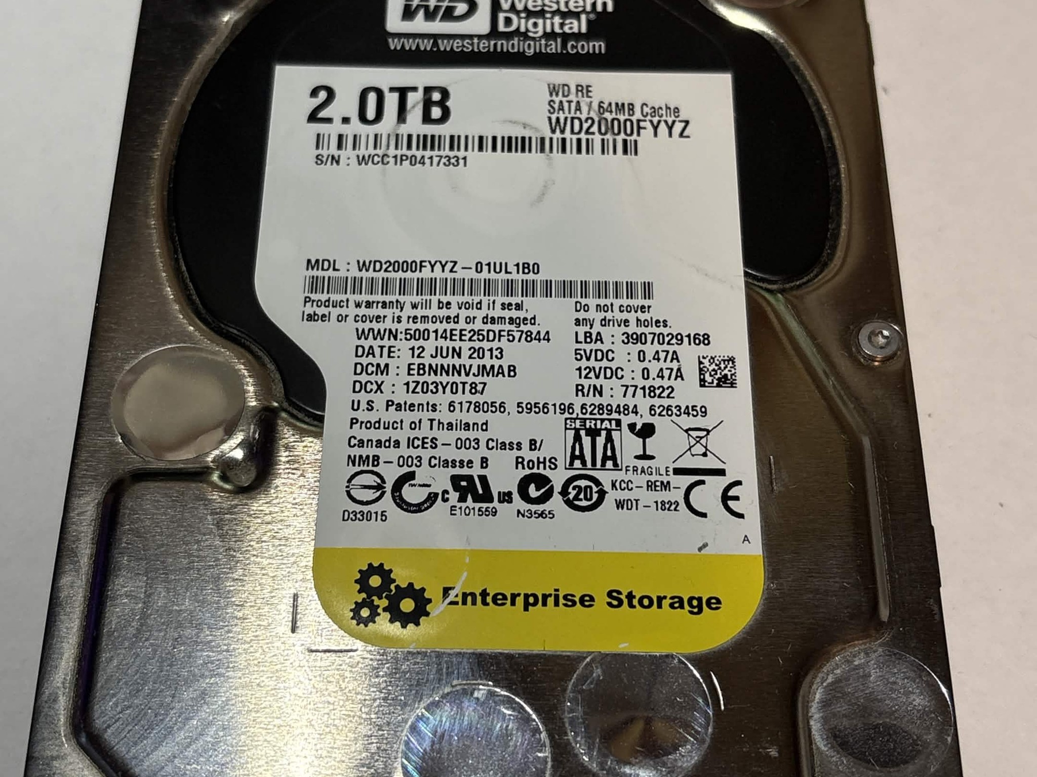 WD RE 2TB Enterprise HDD WD2000FYYZ 7200RPM SATA – 40,790 Hours – Good SMART