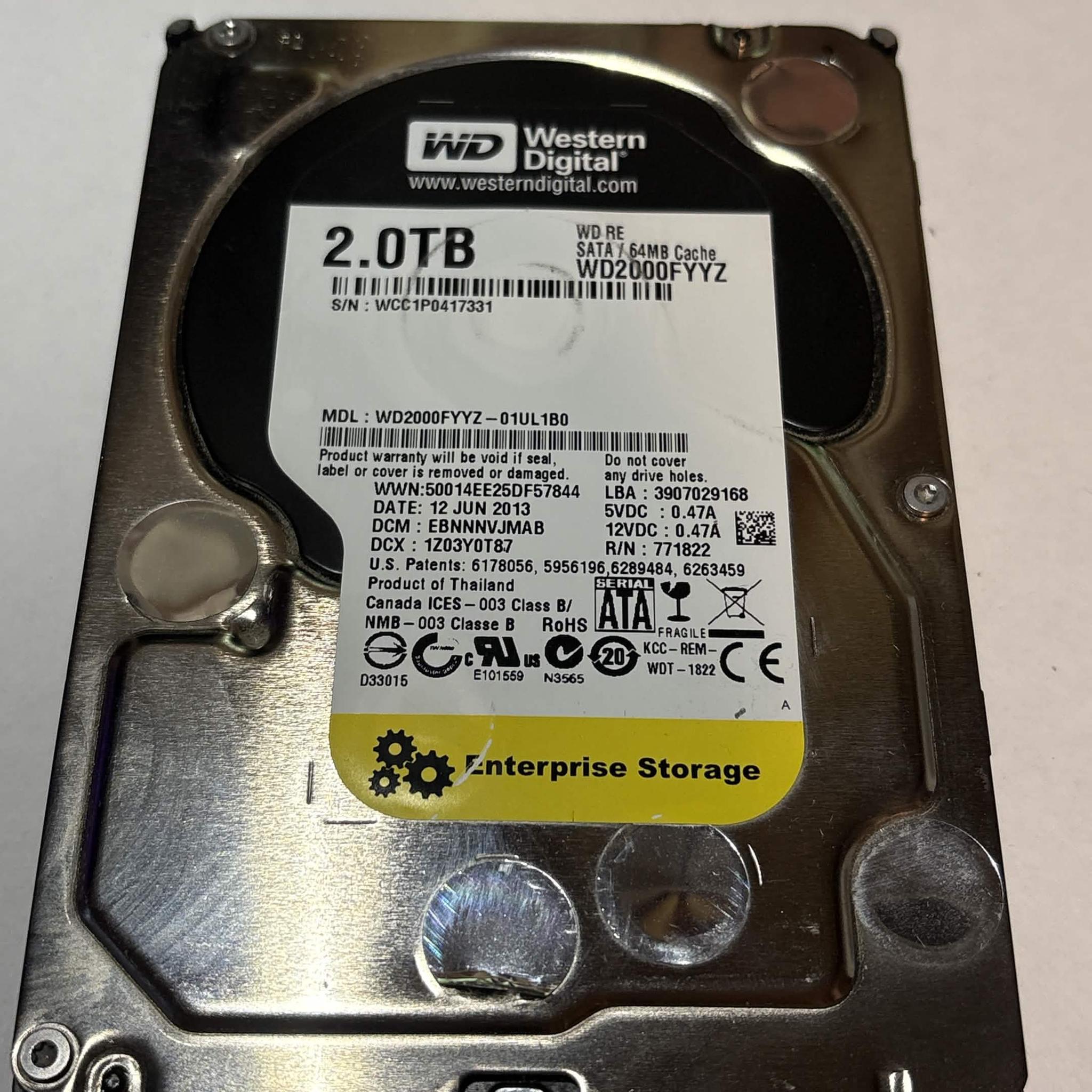 WD RE 2TB Enterprise HDD WD2000FYYZ 7200RPM SATA – 40,790 Hours – Good SMART