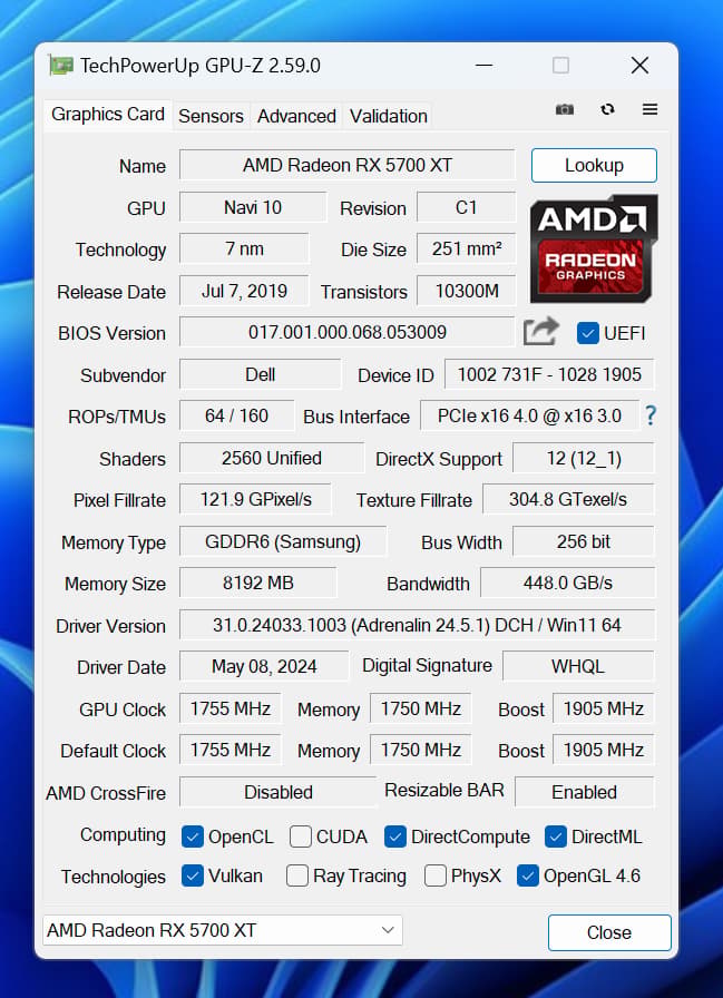 Dell OEM RX 5700XT 8GB GPU (Used, Refurbished) | Inventory Clearance Sale | Tested & Re-Pasted