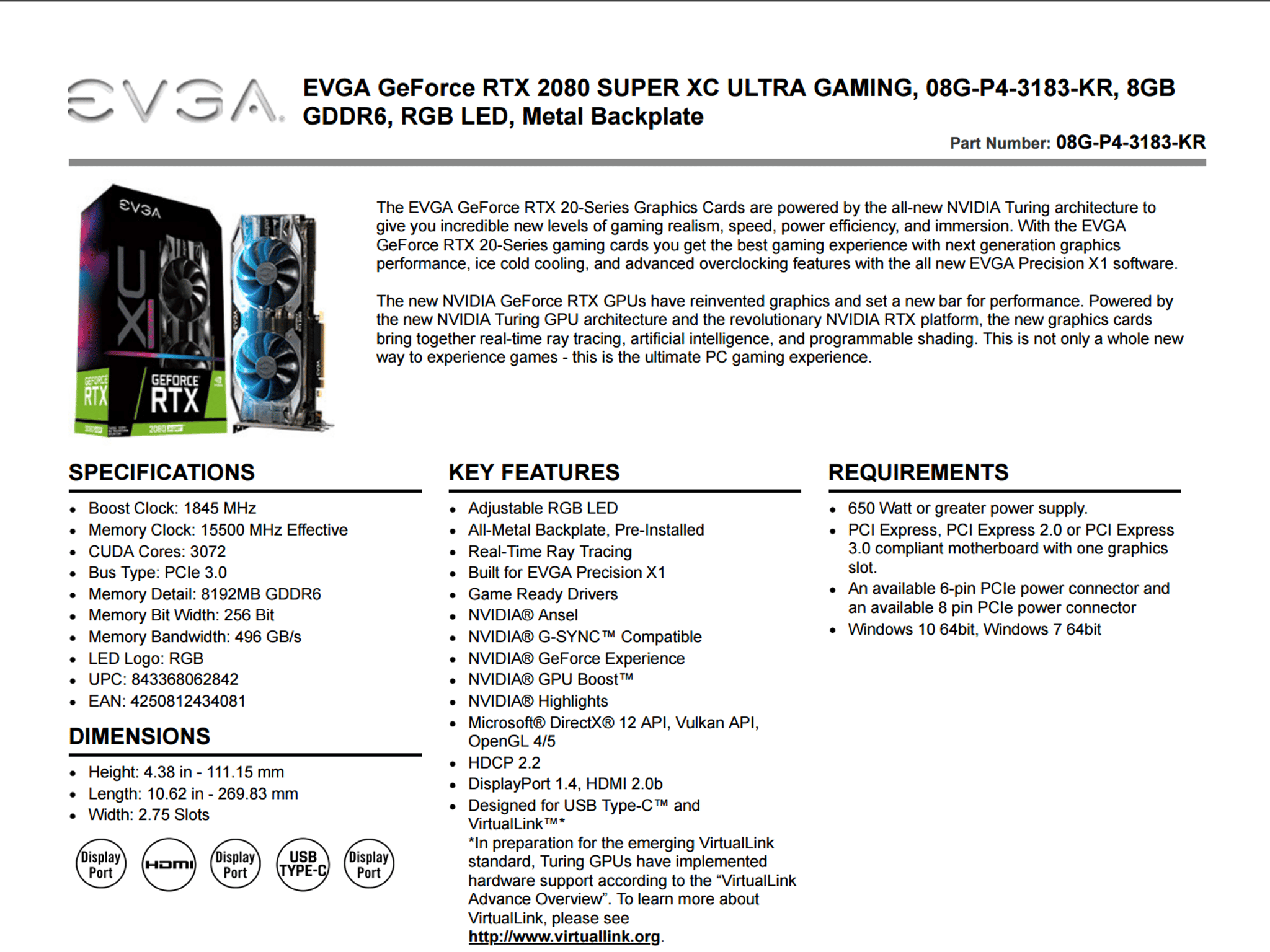 EVGA XC ULTRA GAMING GeForce RTX 2080 SUPER (08G-P4-3183-KR), 8GB GDDR6, RGB LED, Metal Backplate
