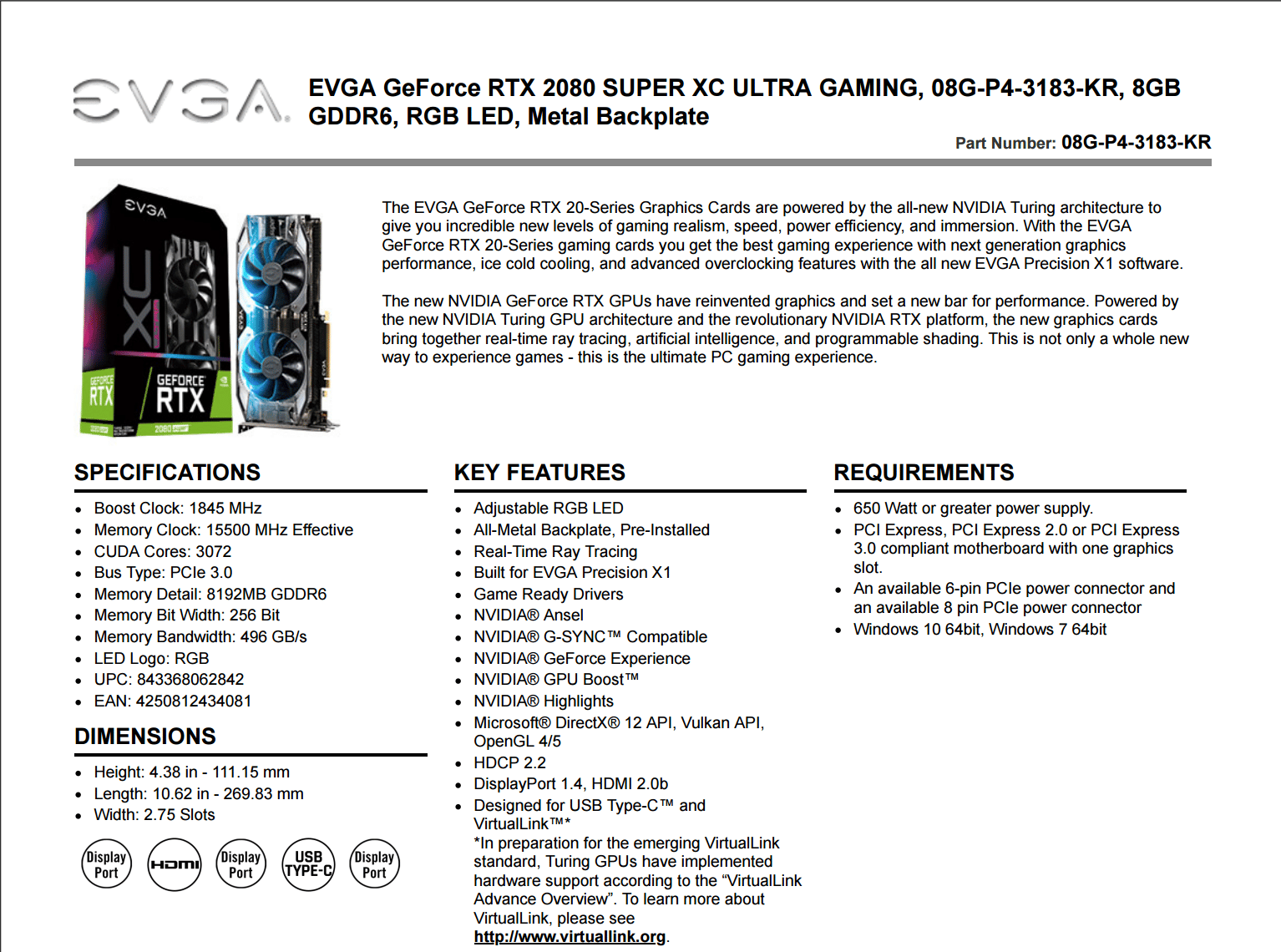 EVGA XC ULTRA GAMING GeForce RTX 2080 SUPER (08G-P4-3183-KR), 8GB GDDR6, RGB LED, Metal Backplate