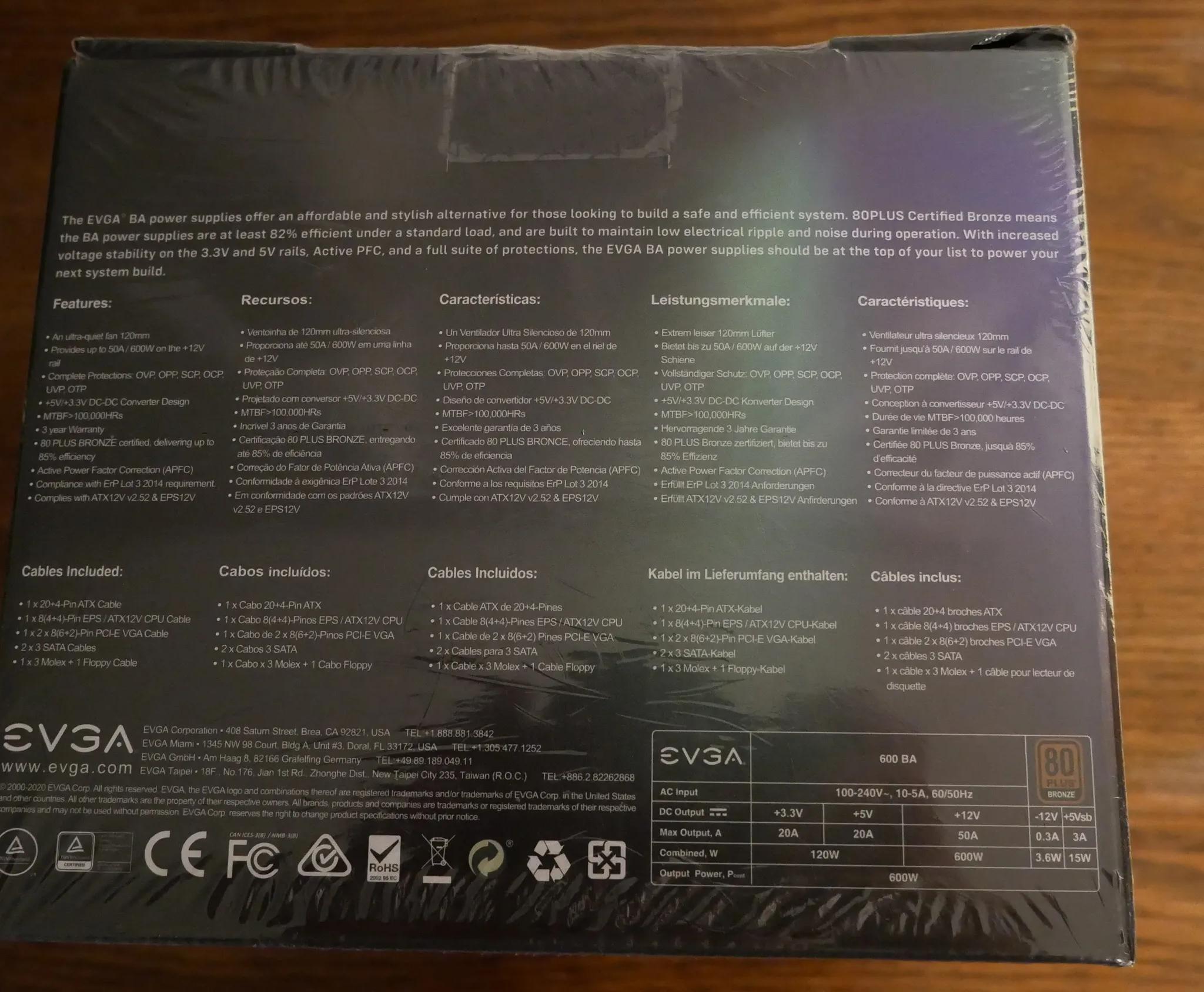 EVGA 600 Ba, 80 Plus Bronze 600w, Power Supply 100-Ba-0600-K1