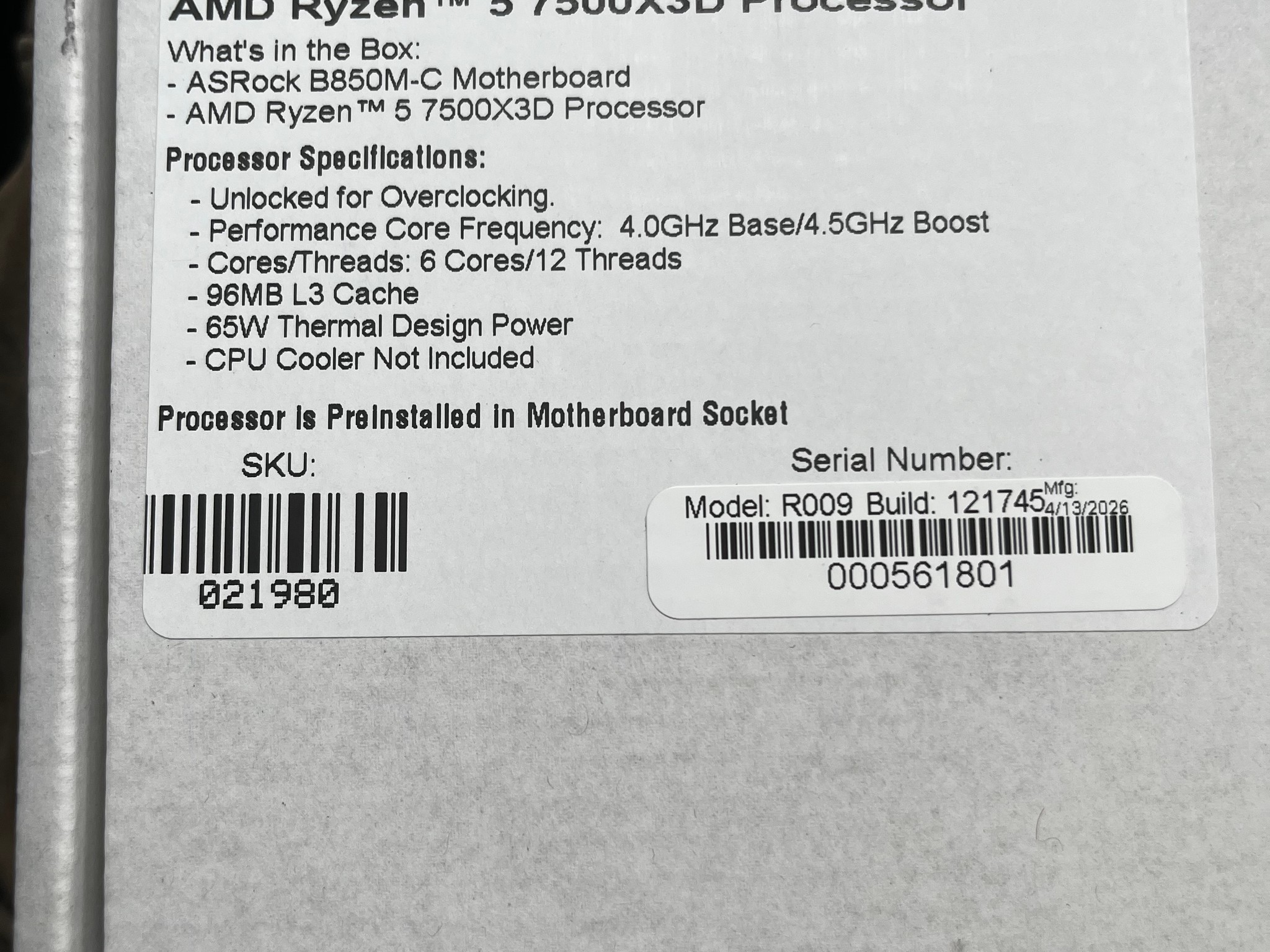 SEALED 7500X3D + ASROCK B850 motherboard bundle