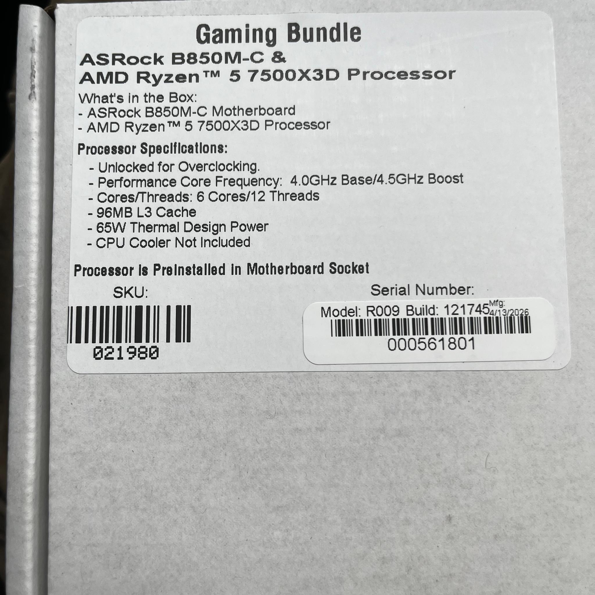 SEALED 7500X3D + ASROCK B850 motherboard bundle