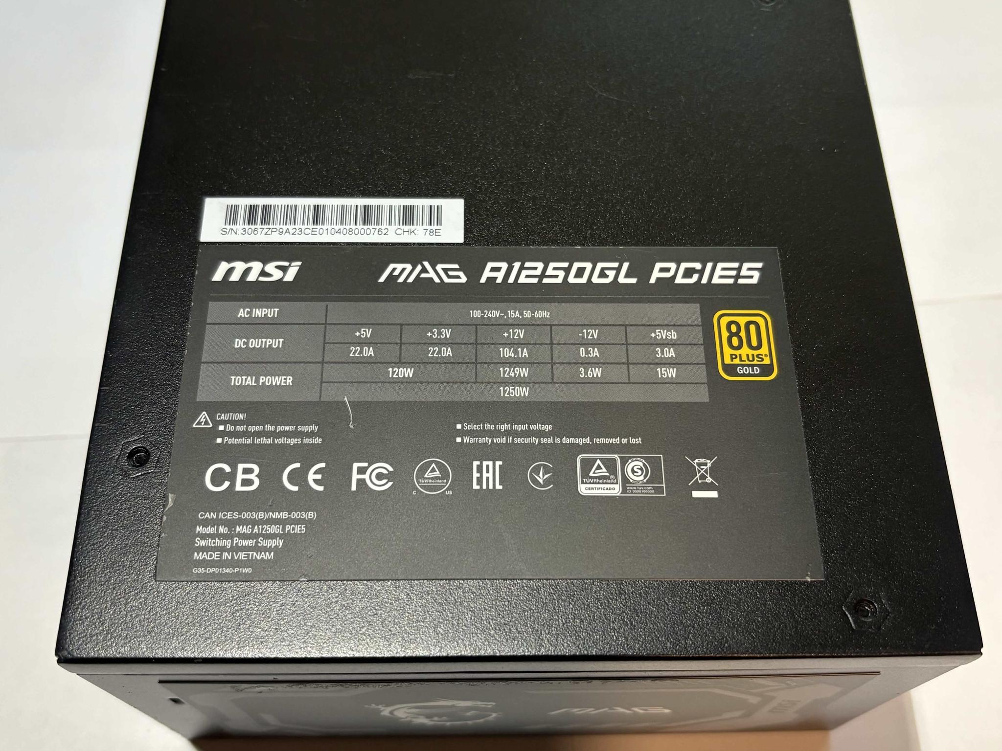 MSI MAG A1250GL 1250W 80+ Gold PCIe 5.0 PSU w/ 12VHPWR
