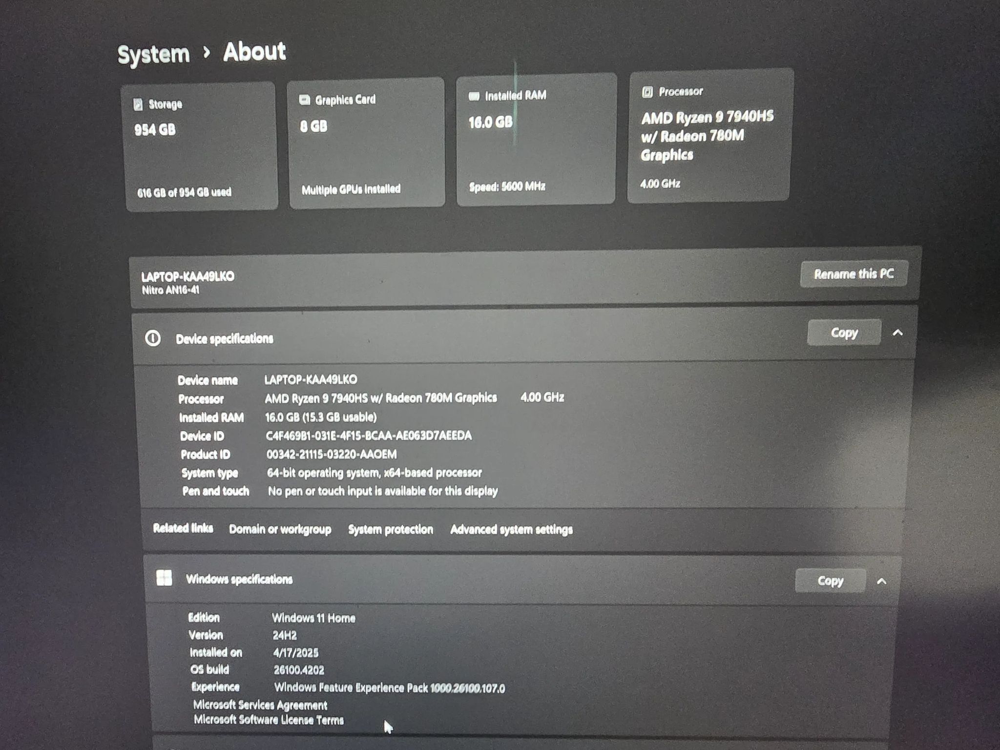 ACER NITRO 16 AMD RYZEN 9 7940HS, NVIDIA 4070 LAPTOP 8 GB RAM, SCREEN HAS SOME BAD PIXELS