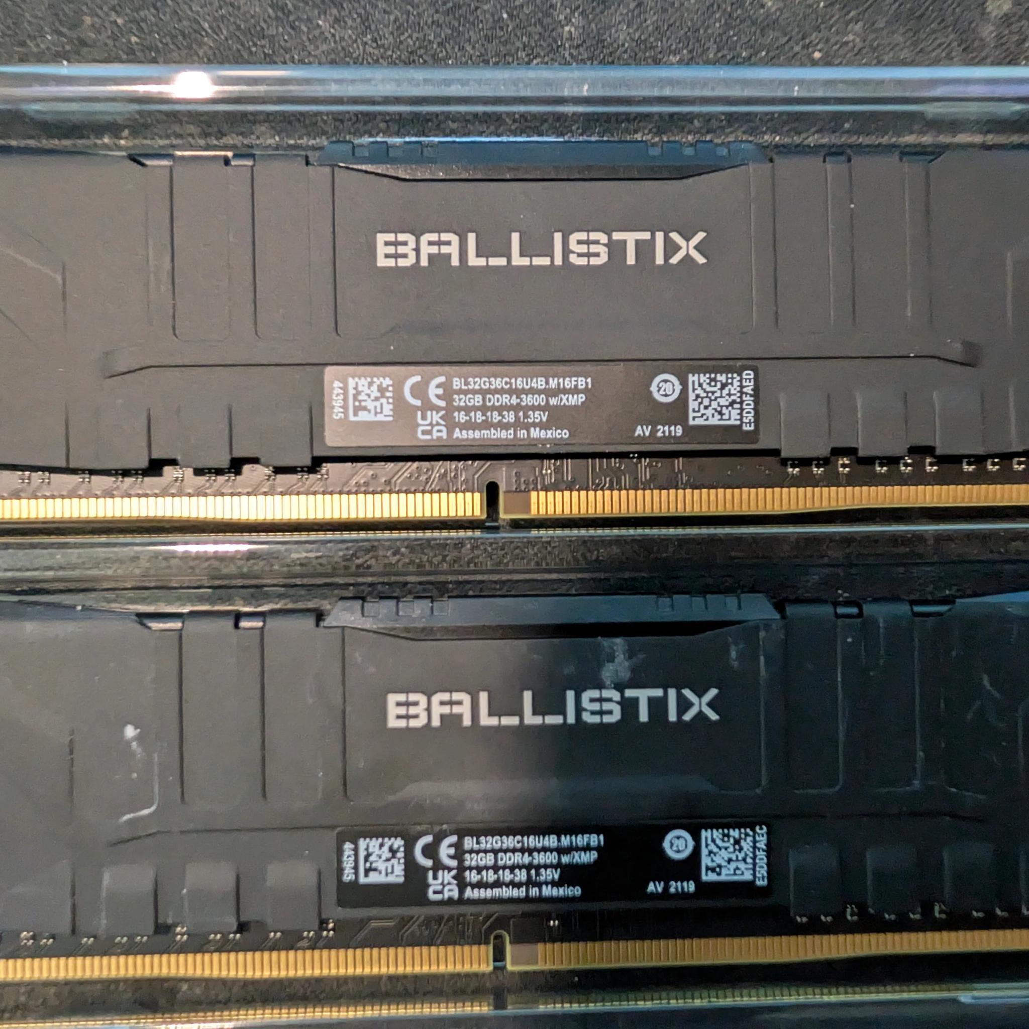 Pre-Owned 64GB (2x32GB) Crucial Ballistix DDR4-3600 NON-RGB
