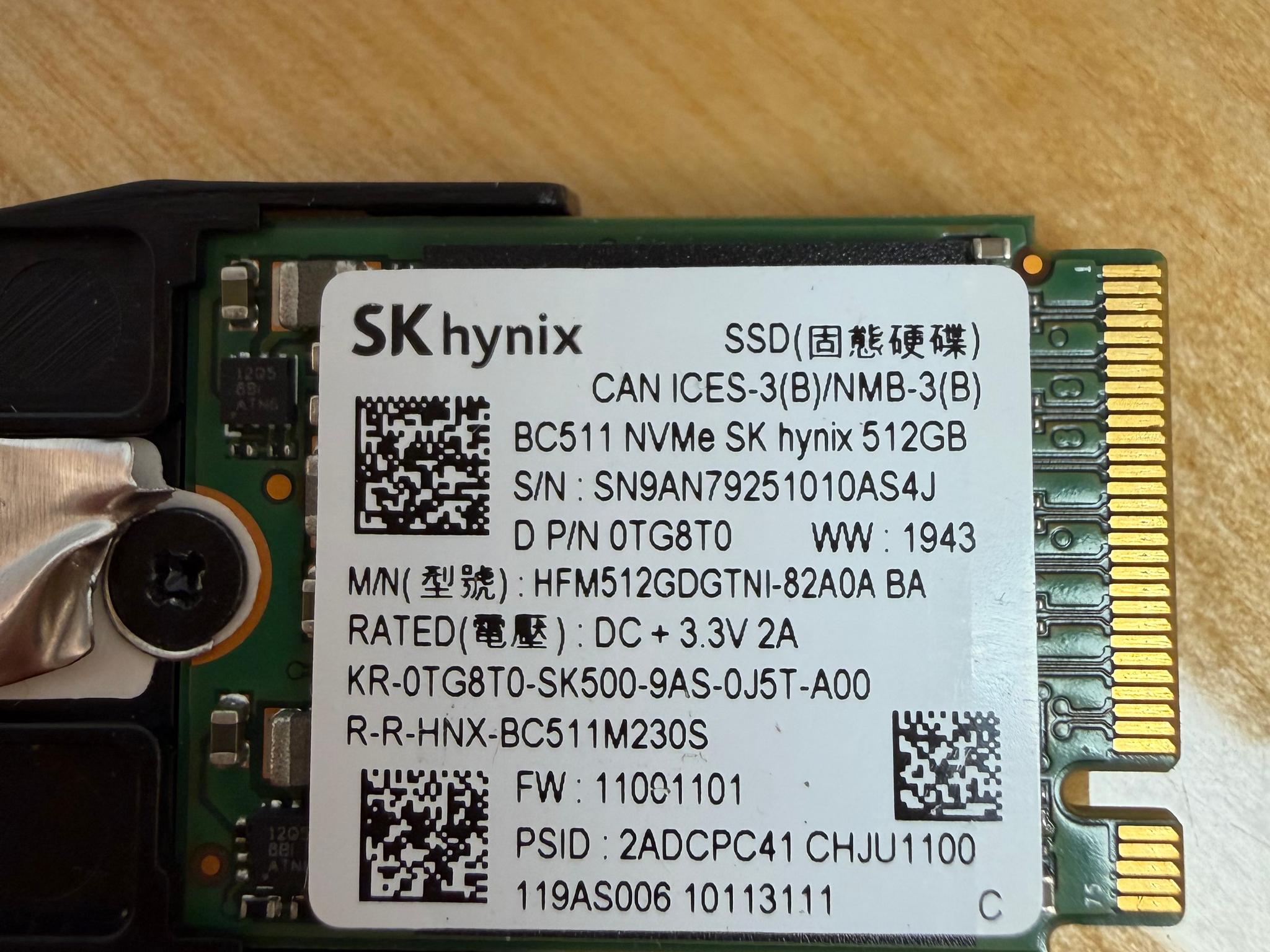 SK hynix BC511 512GB M.2 2230 NVMe PCIe Gen3 x4 SSD w/ 2280 Adapter Bracket