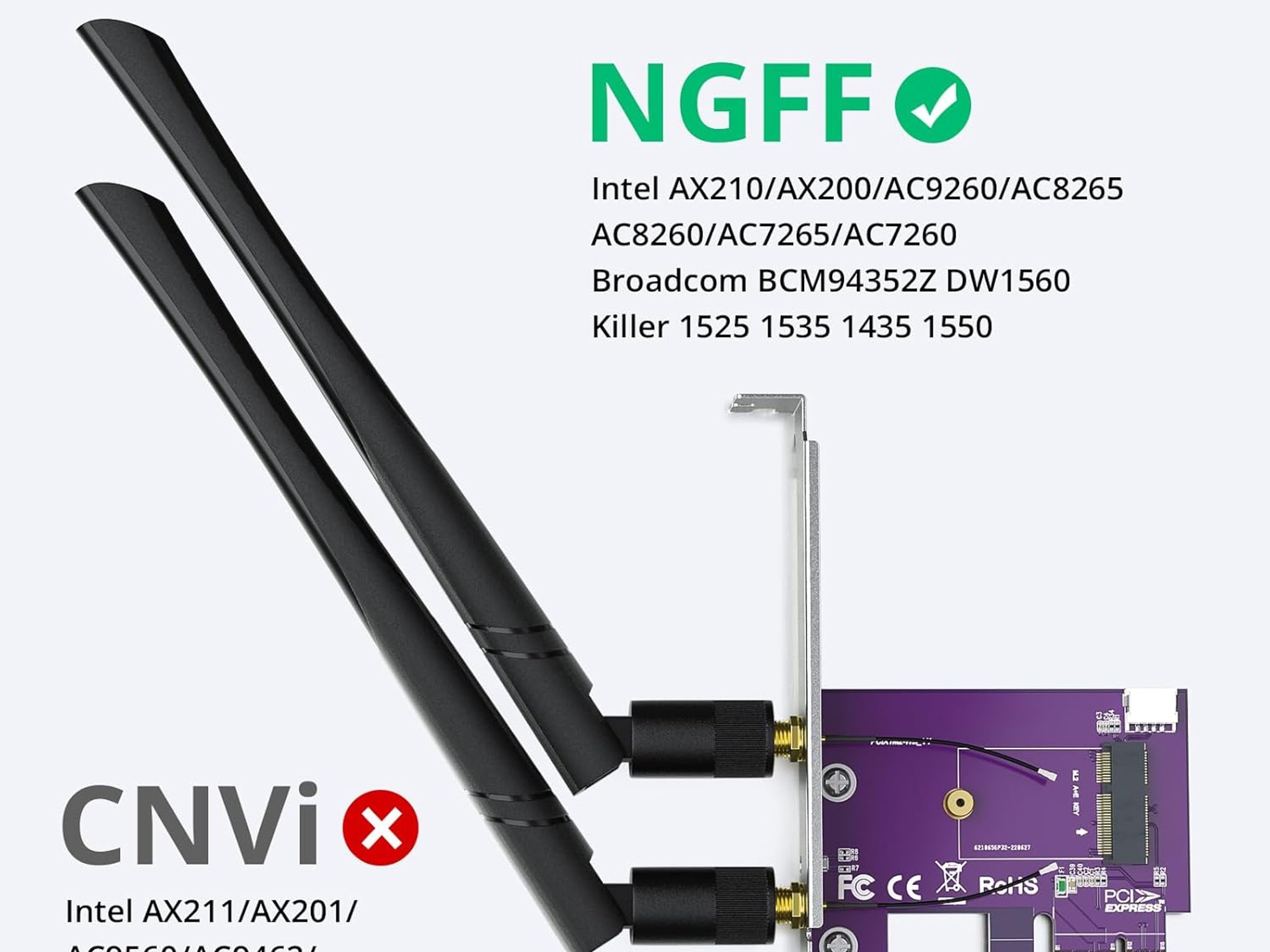 PCIe x1 to M.2 WiFi Bluetooth Adapter Card Supports A+E Key NGFF Modules 2.4GHz 5GHz 5dBi Antennas
