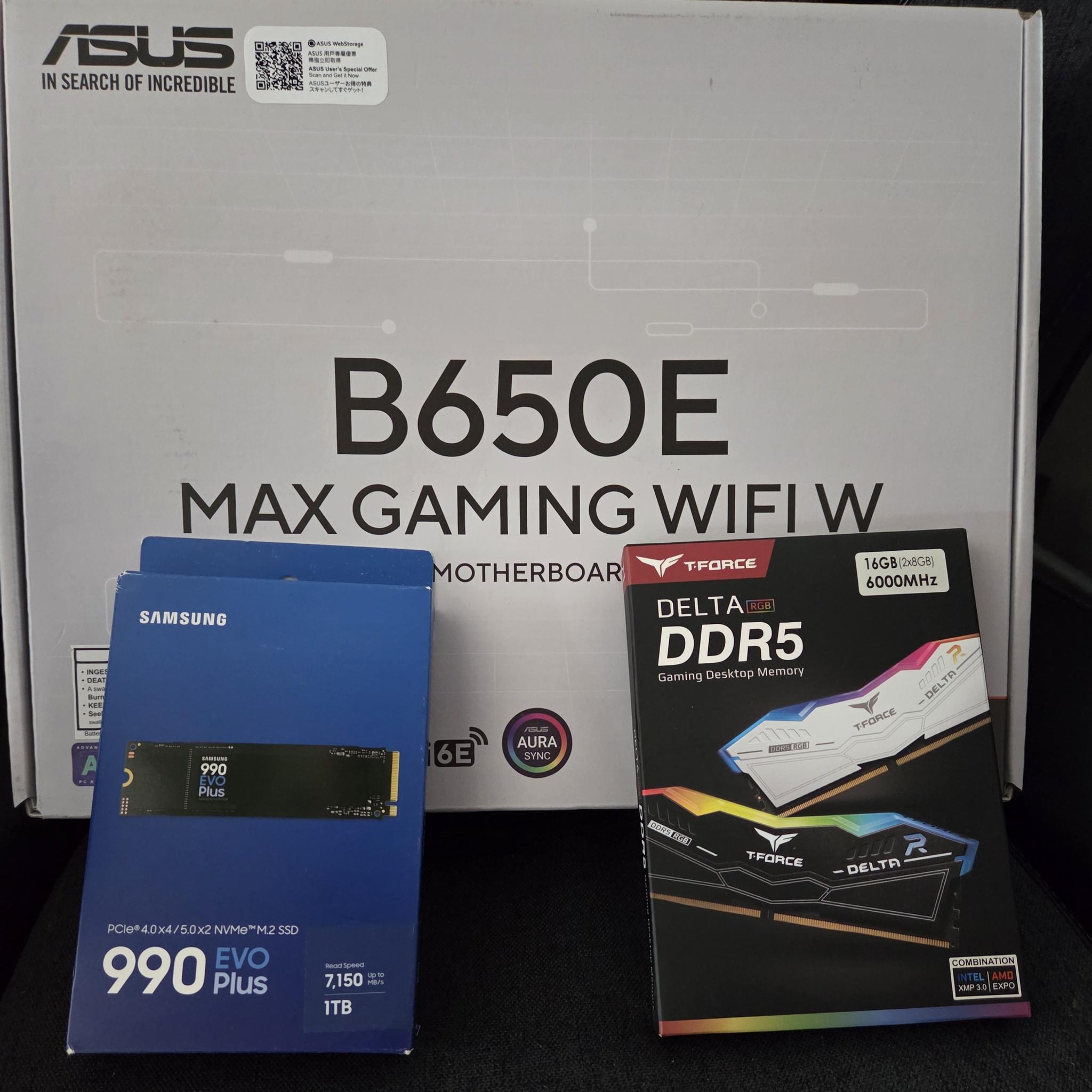 ASUS B650E Max Gaming WiFi W, 1TB Samsung 990 EVO Plus, Team Group 16GB DDR5 Set White