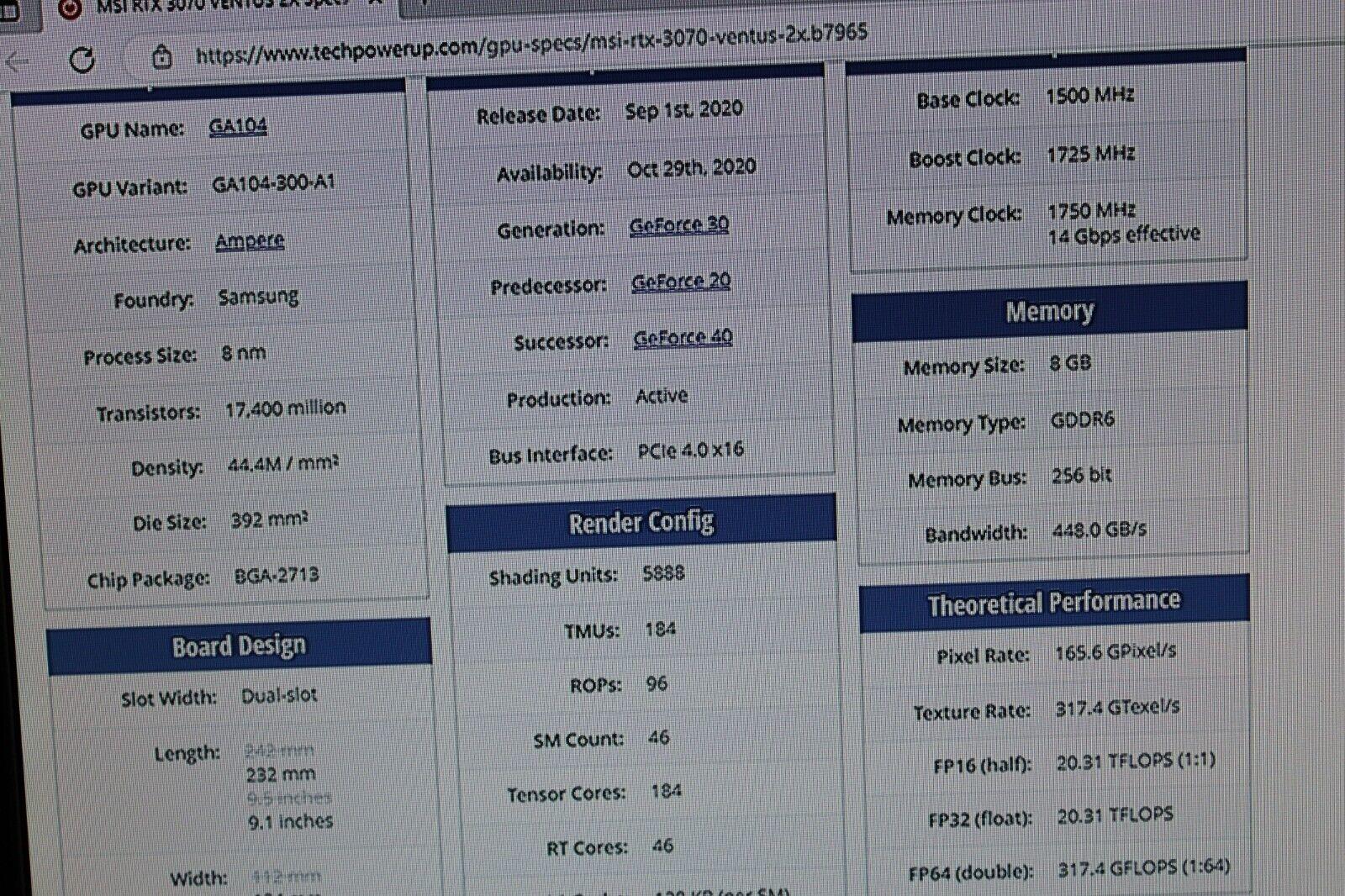 MSi Nvidia Geforce RTX 3070 Ventus 2X NON-LHR 8GB GDDR6 Graphics Card GPU