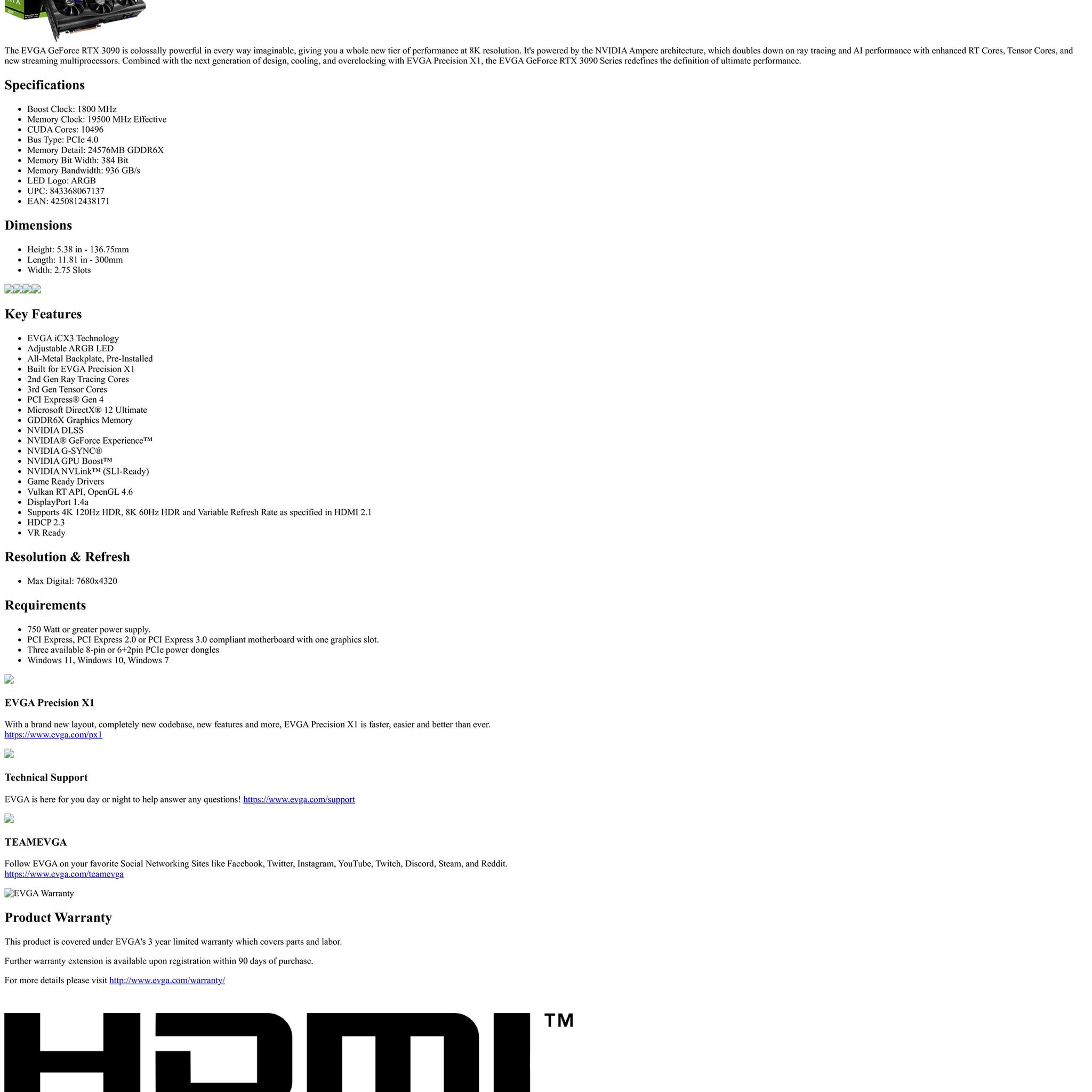 EVGA RTX 3090 FTW3 24GB GDDR6X