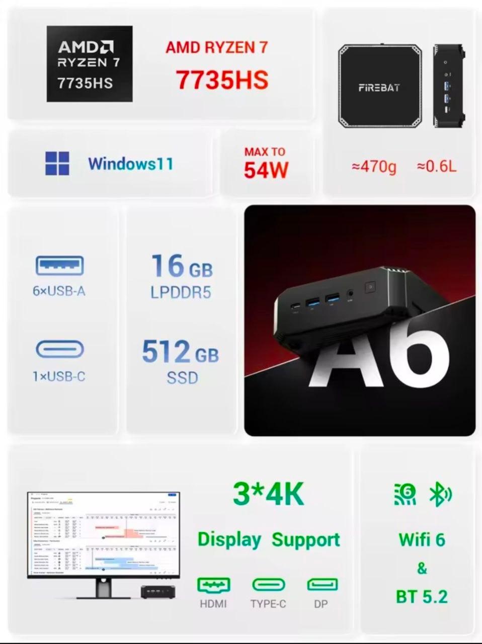 🔷 Firebat A6 Mini PC | AMD Ryzen 7 7735HS | 16 GB LPDDR5 | 512 GB SSD