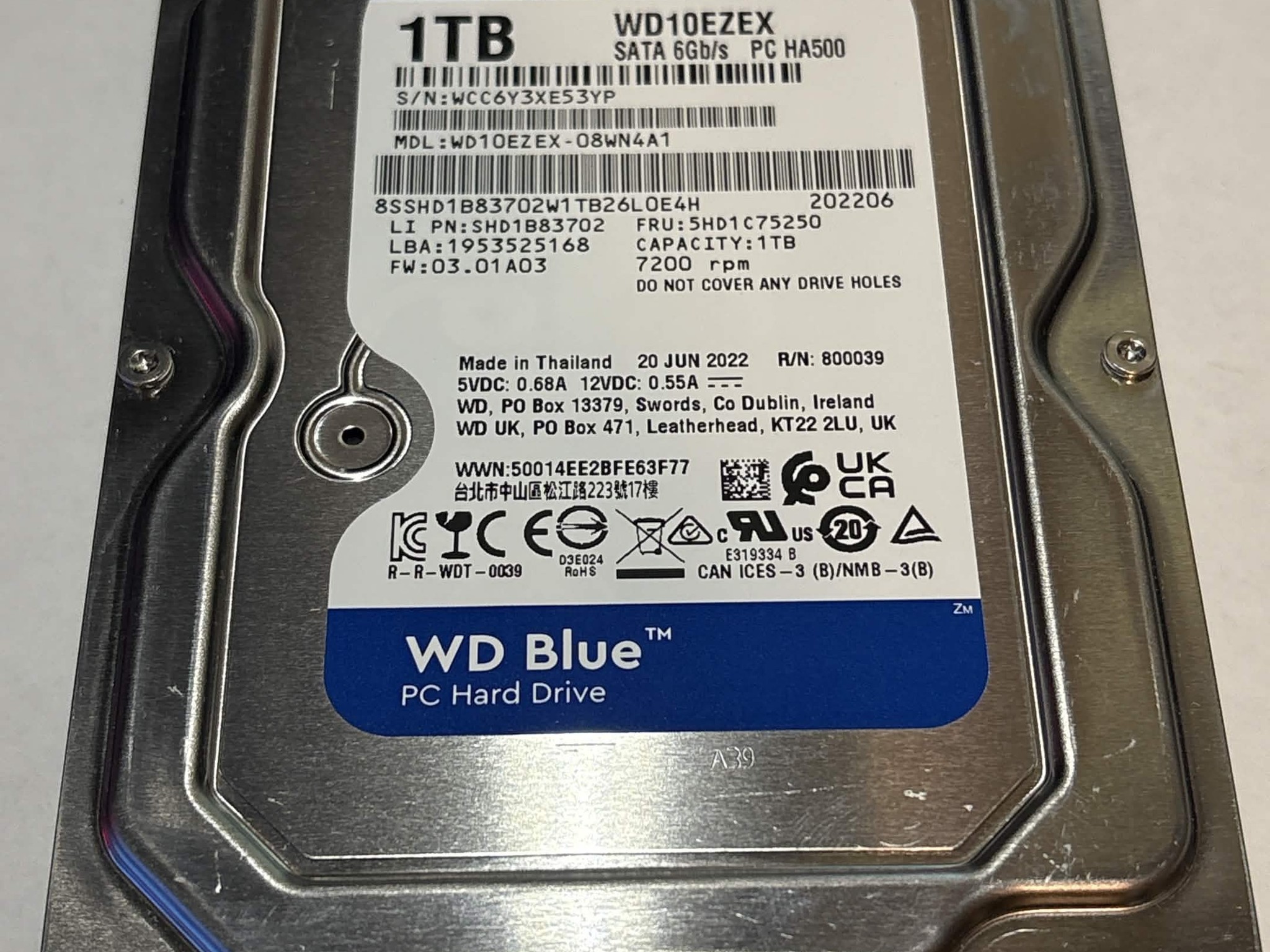 WD Blue 1TB 7200RPM SATA Hard Drive | Only 123 Power-On Hours