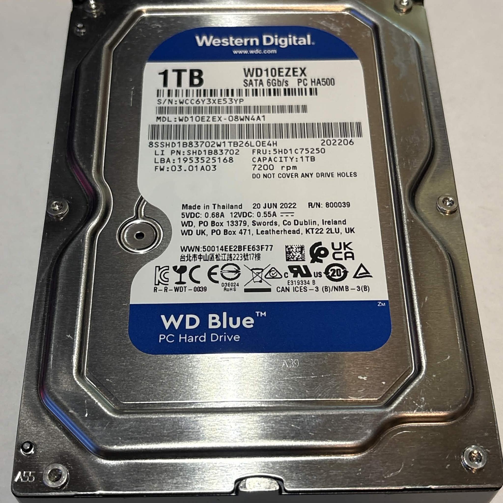 WD Blue 1TB 7200RPM SATA Hard Drive | Only 123 Power-On Hours