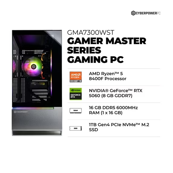 CyberPowerPC Ryzen 5 8400F RTX 5060 16GB DDR5 1TB NVMe SSD +