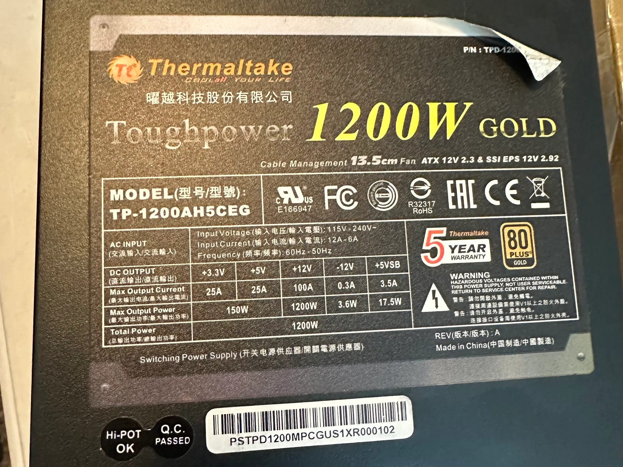 Used Thermaltake Toughpower 1500W 80 Plus Gold Semi Modular PSU ATX 12V or EPS 12V