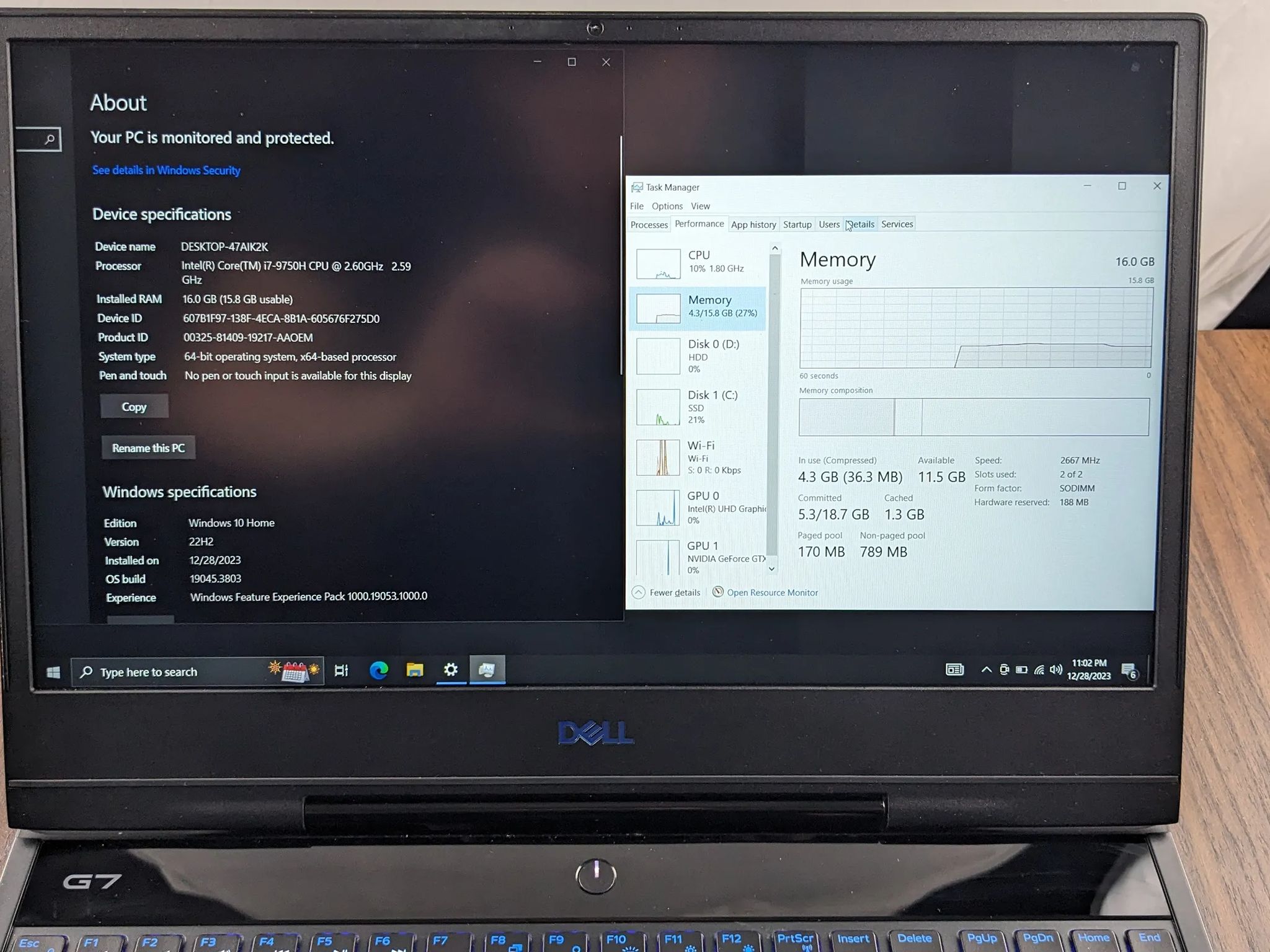 Dell G7 15.6" GTX 1660 Ti  i7-9750H 16GB 2666mhz 1TBNVMe 1TB HDD