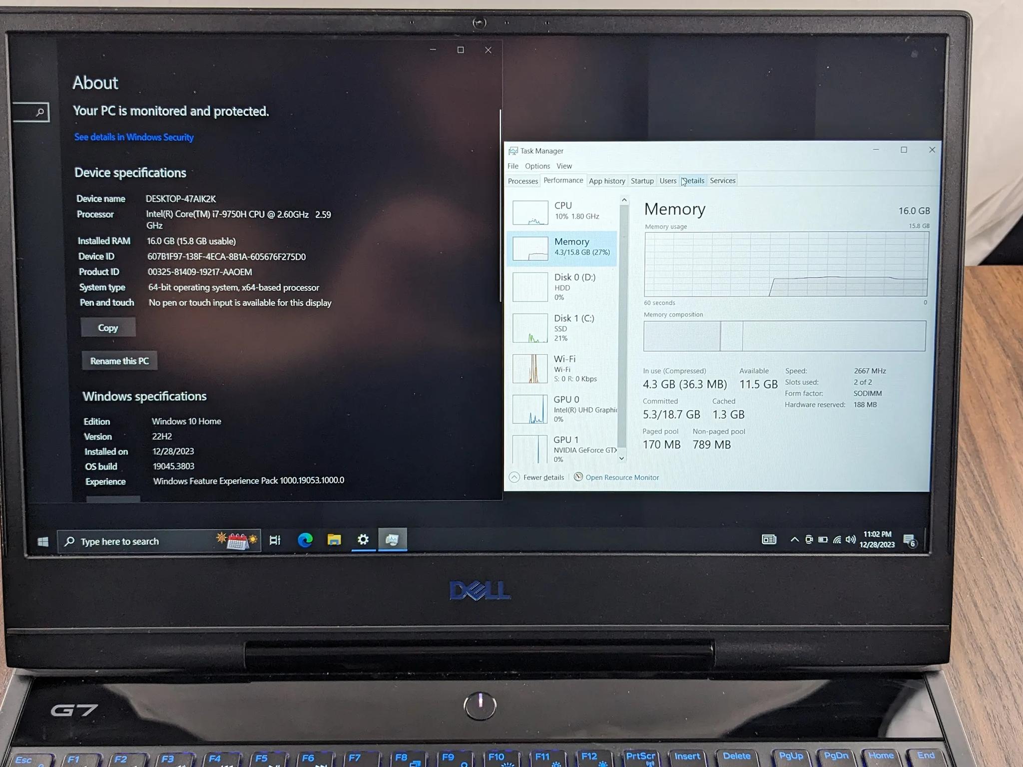 Dell G7 15.6" GTX 1660 Ti  i7-9750H 16GB 2666mhz 1TBNVMe 1TB HDD