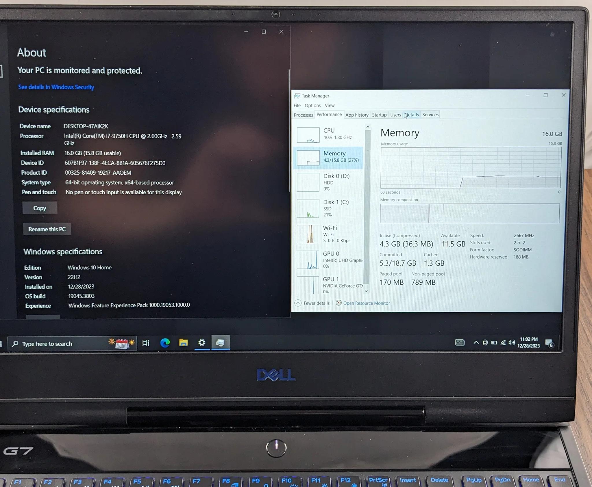 Dell G7 15.6" GTX 1660 Ti  i7-9750H 16GB 2666mhz 1TBNVMe 1TB HDD