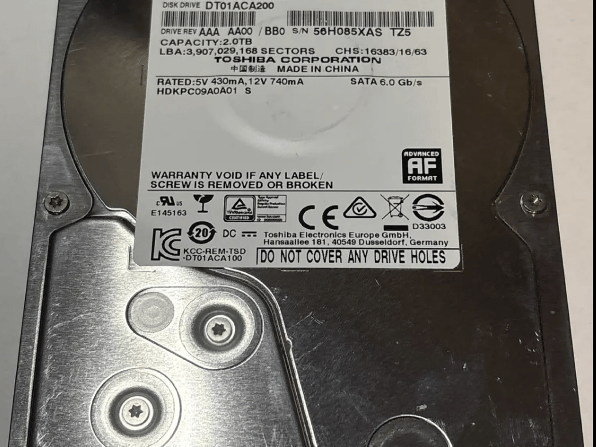 Toshiba 2TB 7200RPM 3.5" SATA HDD – DT01ACA200 – 2,943 Hours – Good SMART