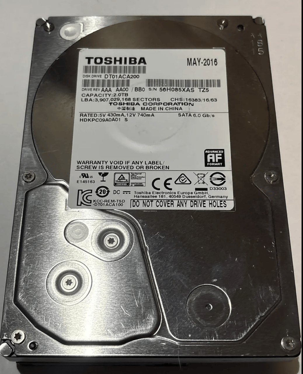 Toshiba 2TB 7200RPM 3.5" SATA HDD – DT01ACA200 – 2,943 Hours – Good SMART