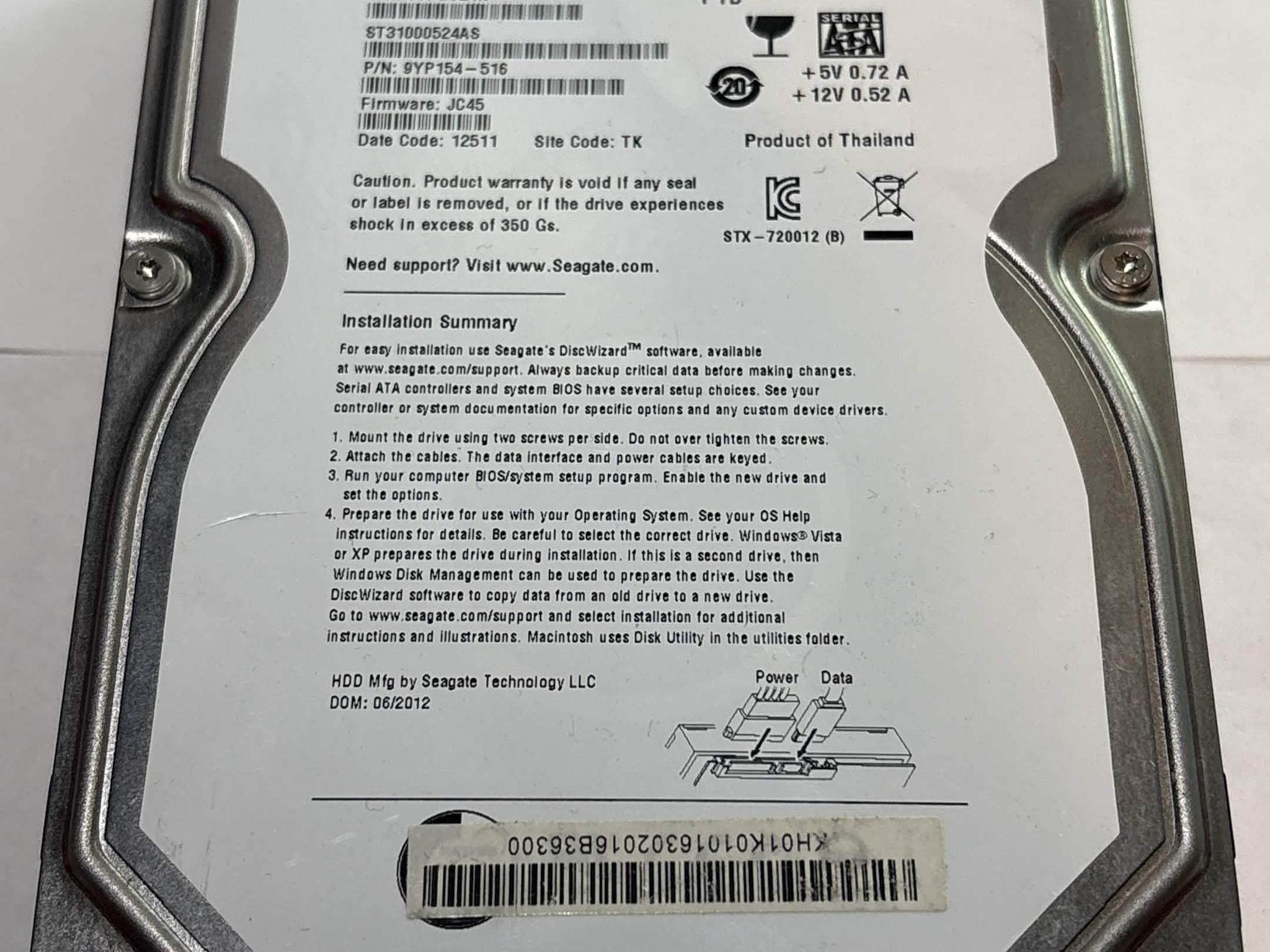 Seagate 1TB 3.5” SATA HDD 7200RPM Tested No Bad Sectors (NM)
