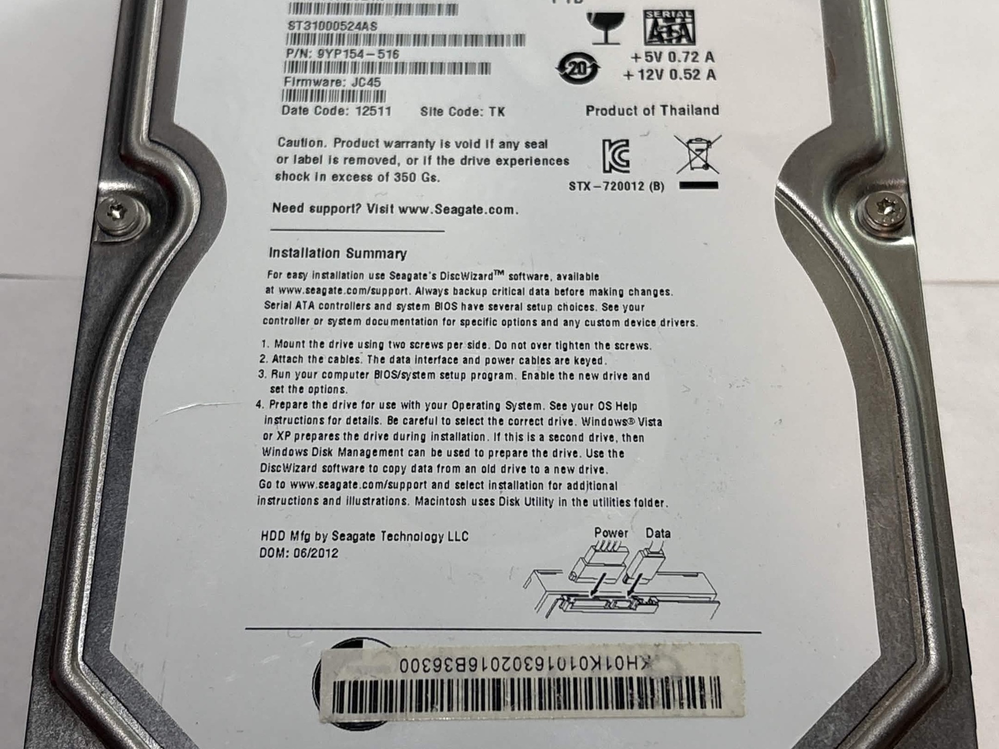 Seagate 1TB 3.5” SATA HDD 7200RPM Tested No Bad Sectors (NM)
