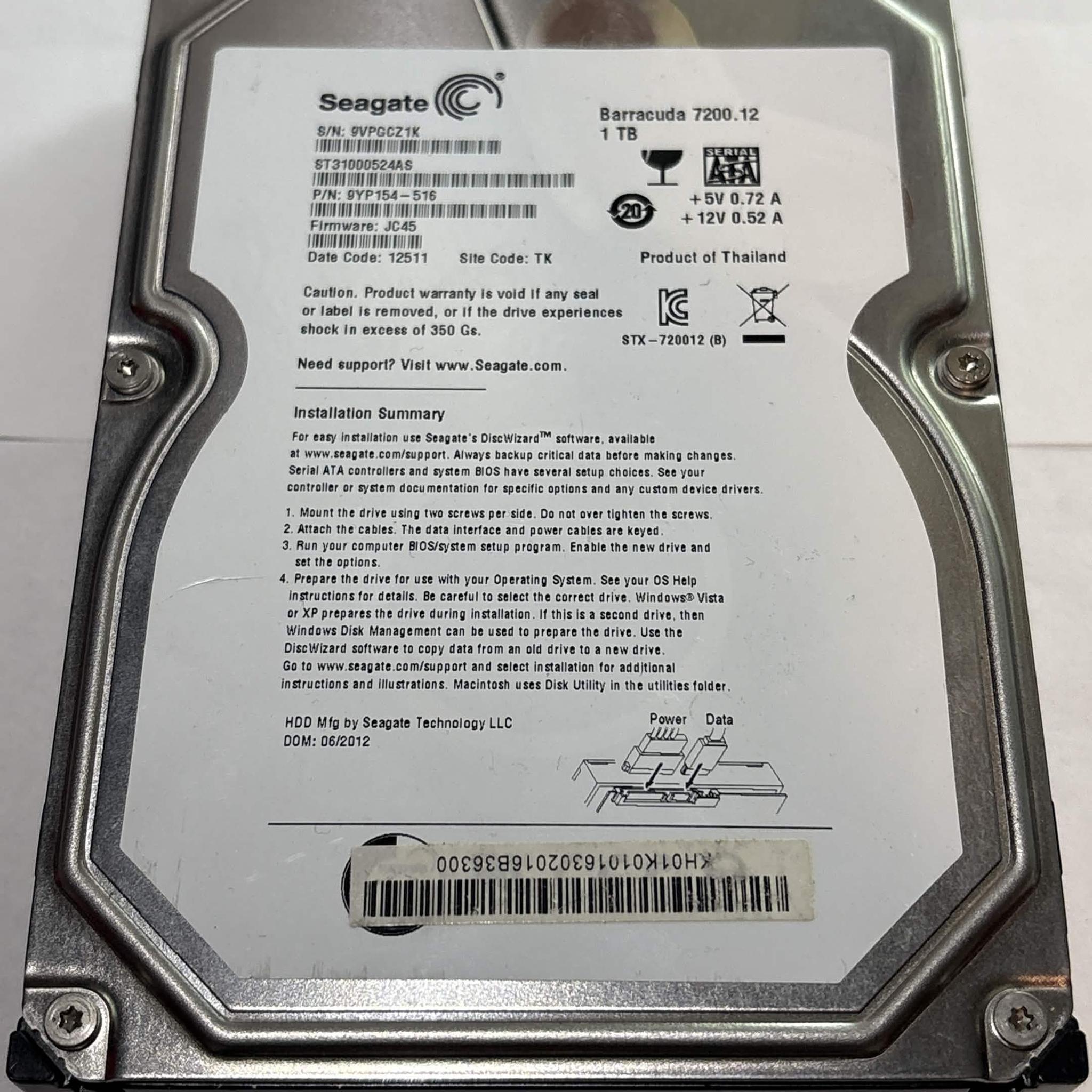 Seagate 1TB 3.5” SATA HDD 7200RPM Tested No Bad Sectors (NM)