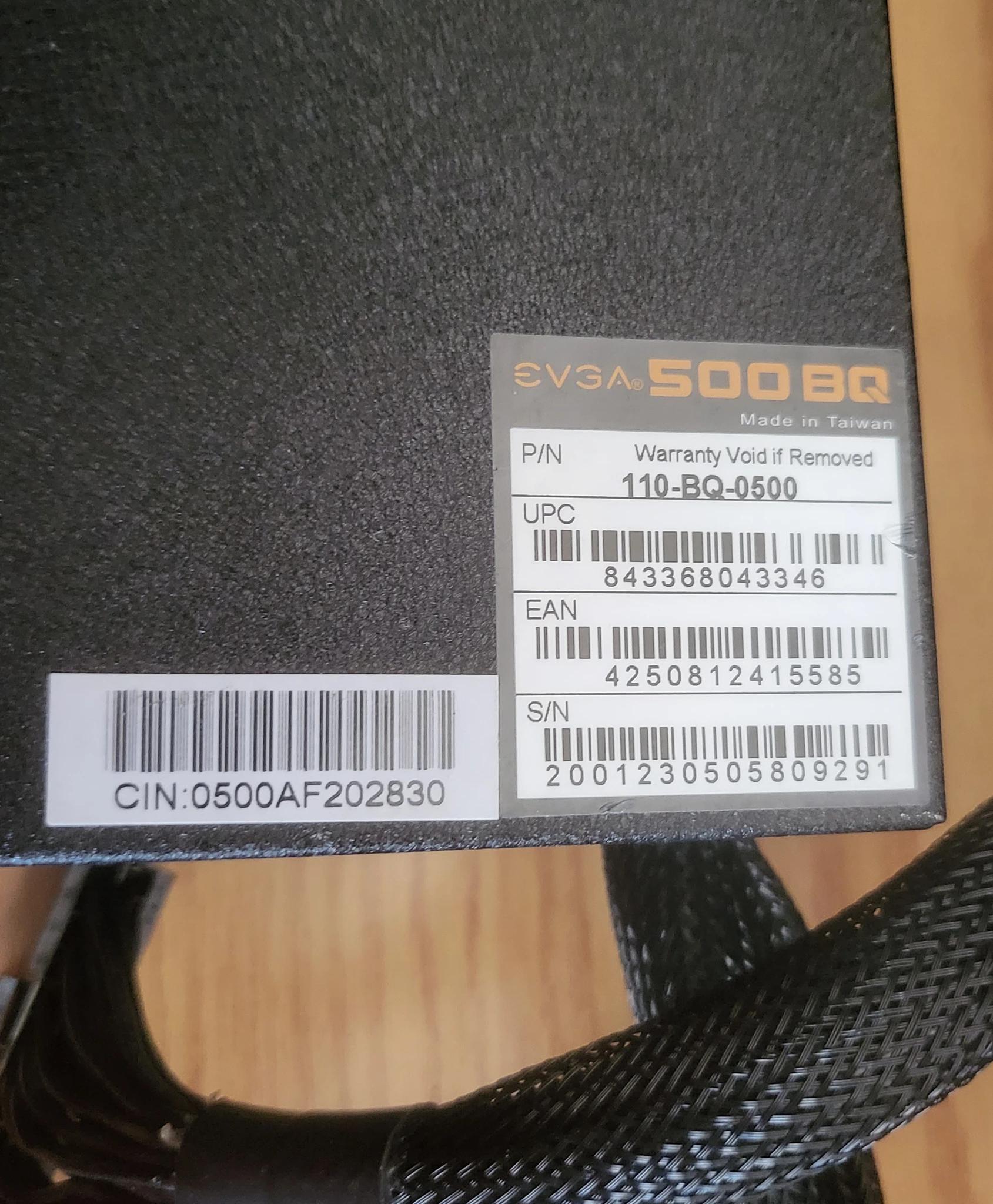 USED EVGA 500BQ Power Supply w/Power Cord and PCI-E Power Cable