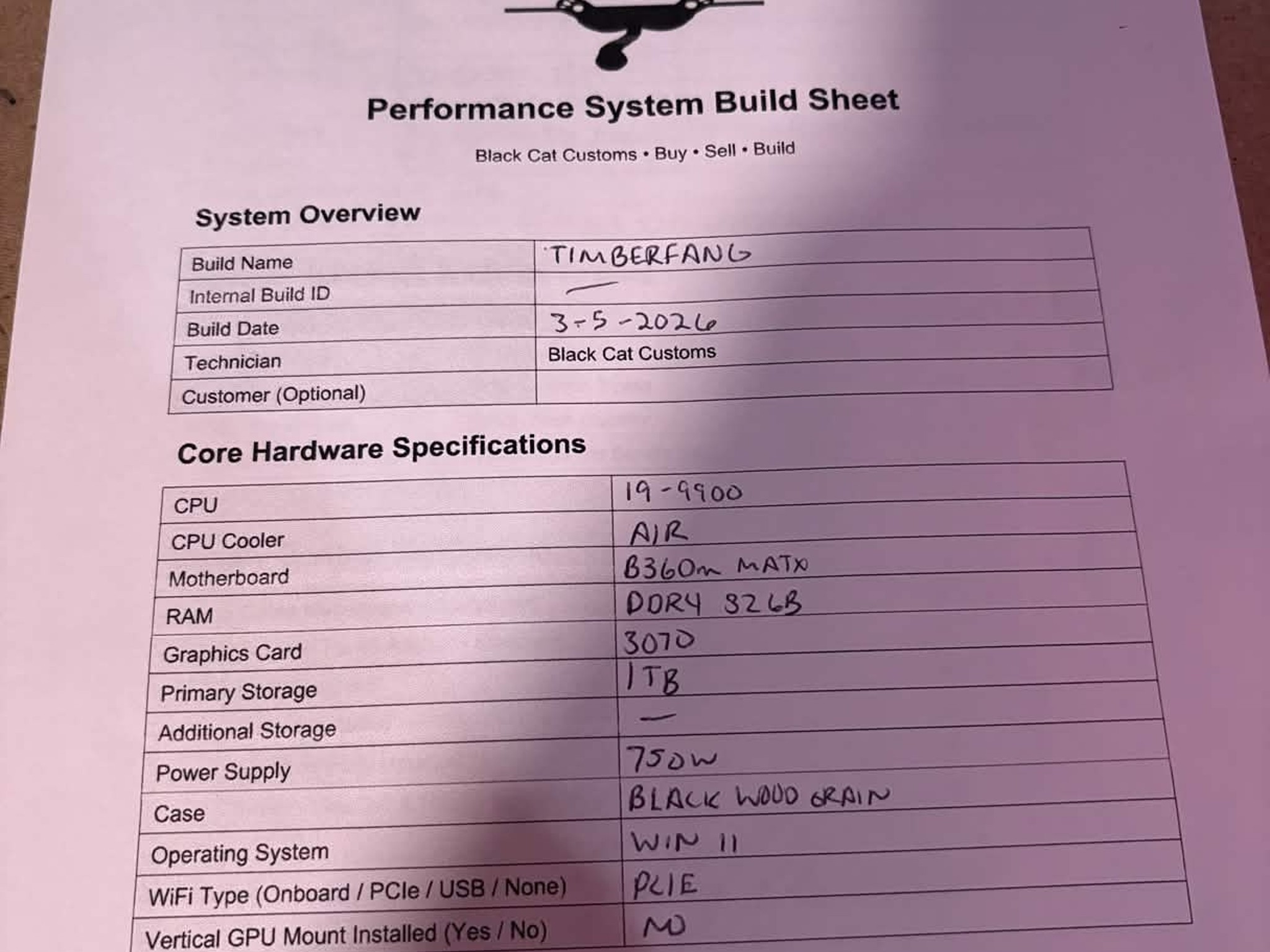 RTX 3070 Gaming PC | i9-9900 | 32GB RAM | 1TB NVMe | Black Cat Customs Timberfang