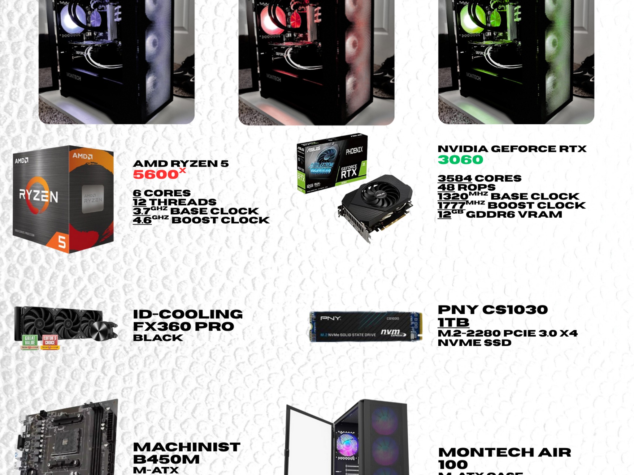 🐼 💧BLACK & WHITE LIQUID COOLED GAMING PC | 5600X + RTX 3060 12GB + 32GB RAM💧🐼