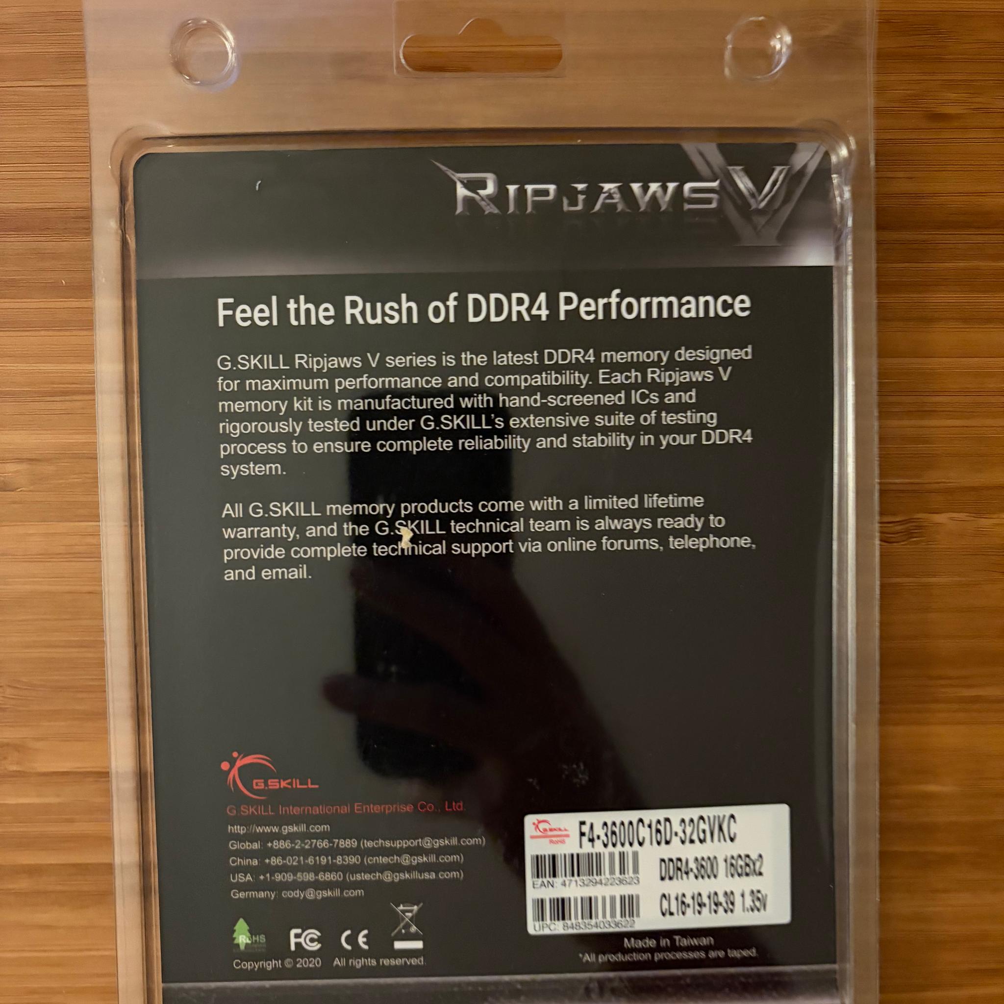 G.Skill Ripjaws V DDR4-3600 CL16-19-19-39 1.35V 32GB (2x16GB)
