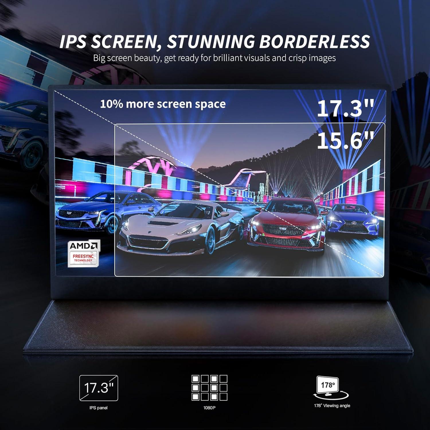 17.3" Portable Monitor FHD 1080P 60Hz Portable Screen HDMI USB-C HDR