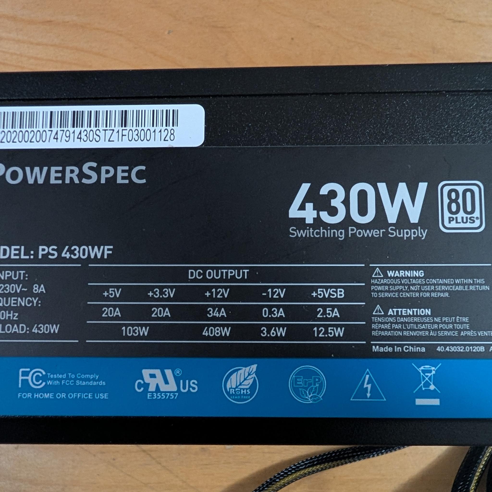 430w PowerSpec ATX black PSU 80 plus
