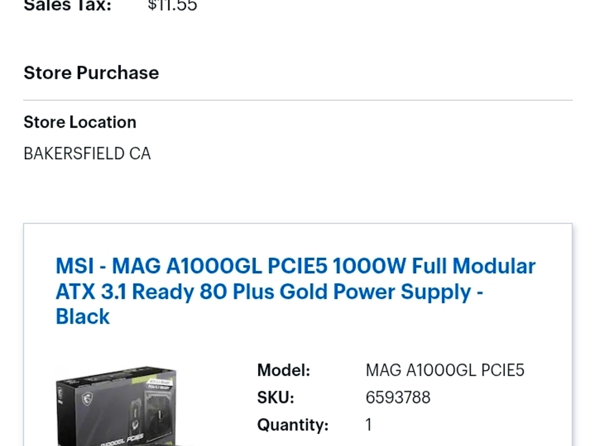 "Open Box" MSI MAG A1000GL PCIE5 1000W 80+ Gold PSU (Complete w/ Box & Receipt)